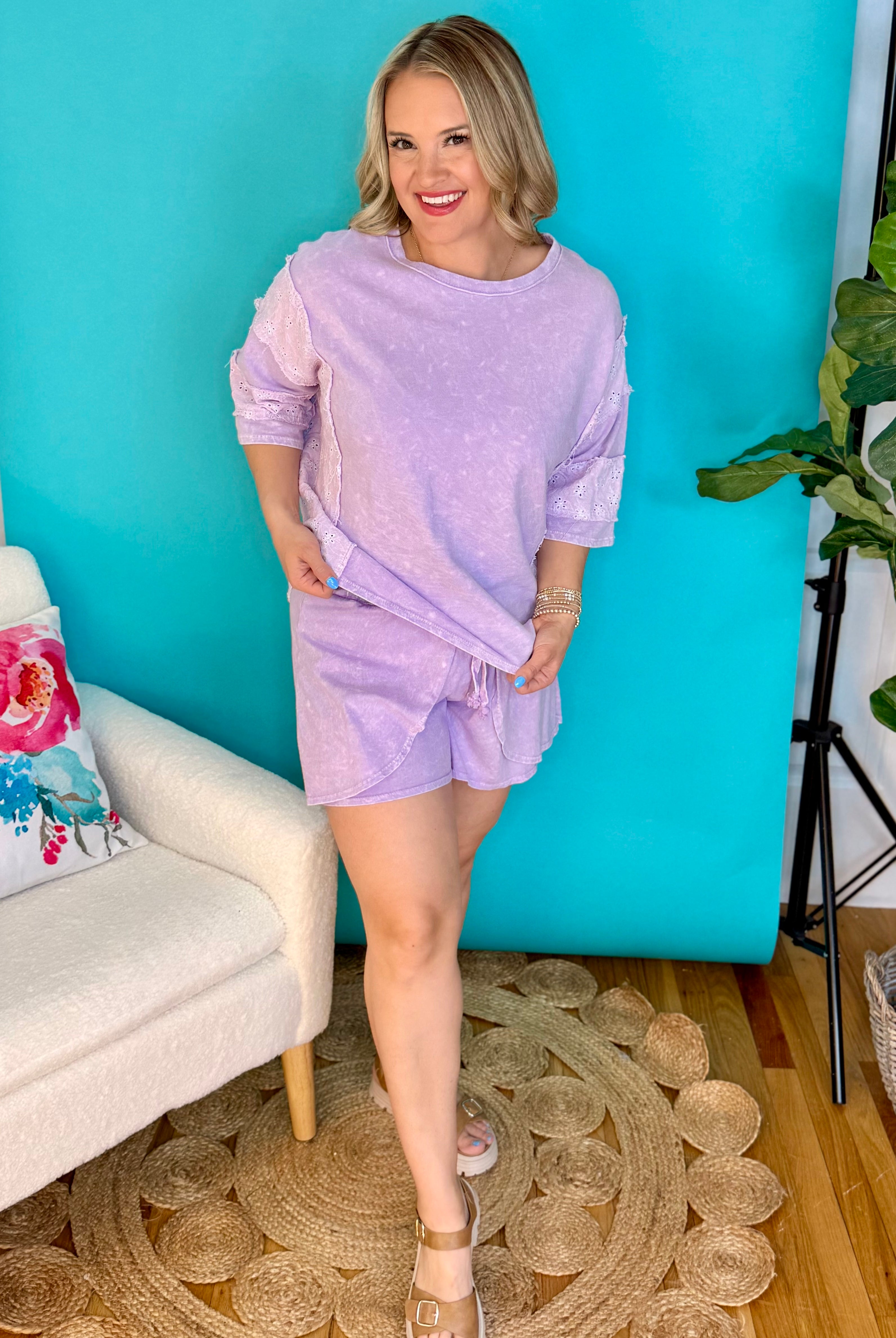 Mineral Washed Eyelet Lace Top - Lavender-100 Short Sleeve Tops-J.Her-The Lovely Closet, Women's Fashion Boutique in Alexandria, KY