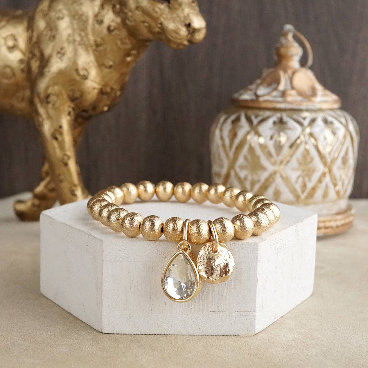 Stretchy Gold Beaded Bracelet with Charms-250 Jewelry-PennyLine inc-The Lovely Closet, Women's Fashion Boutique in Alexandria, KY