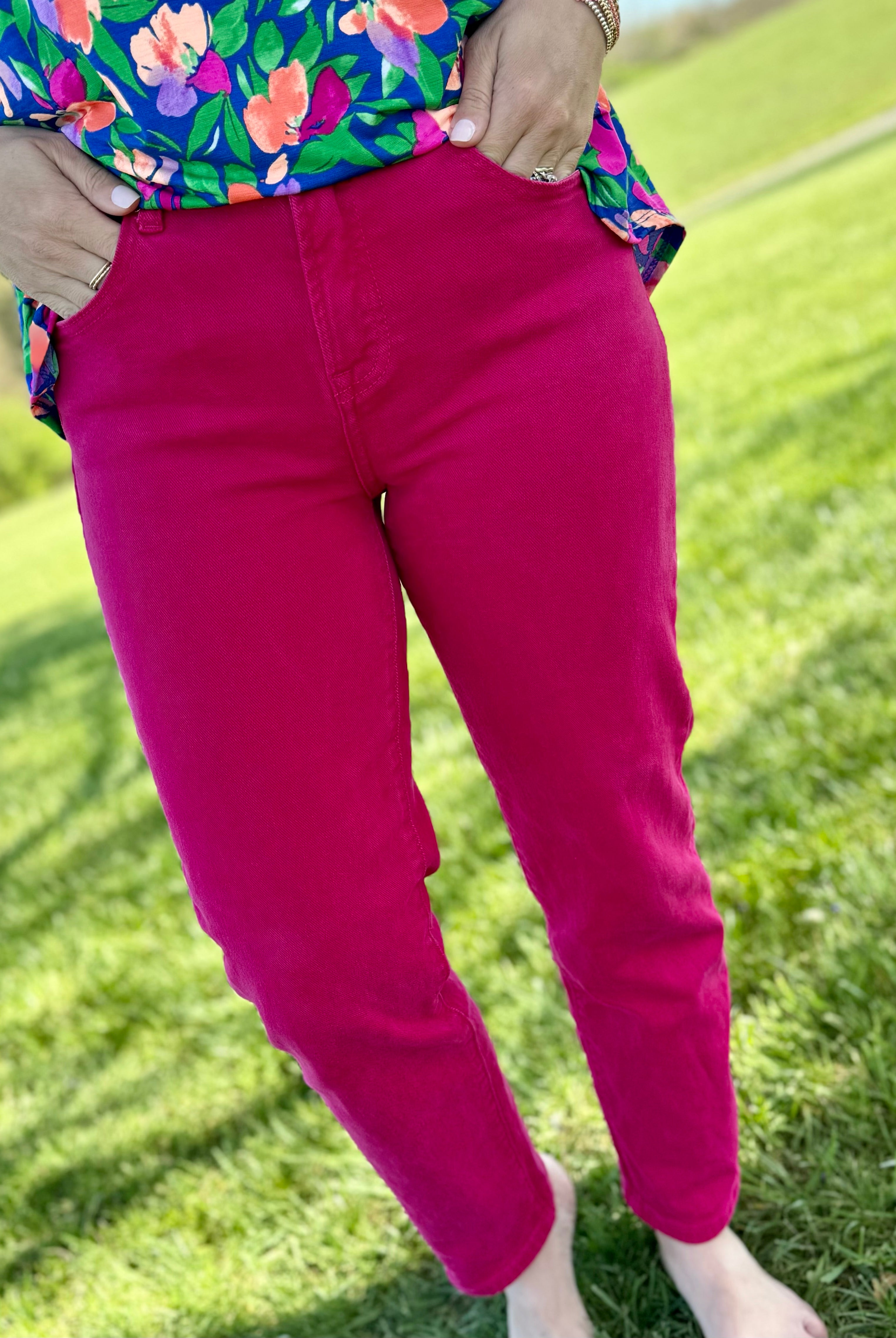 RISEN - Hot Pink Boyfriend Pants-210 Jeans-Risen-The Lovely Closet, Women's Fashion Boutique in Alexandria, KY