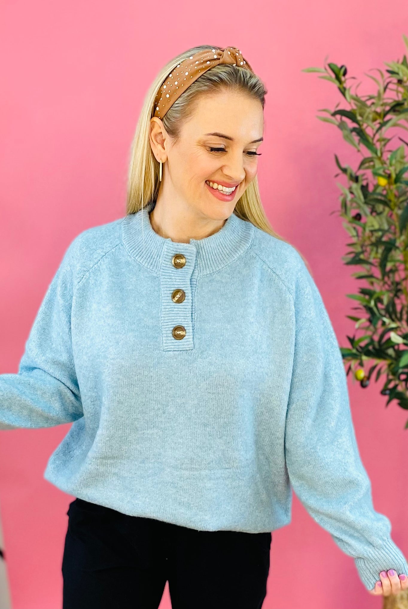 Cabin Fever 1/4 Button Sweater - Sky Blue-999 History-Vine & Love-The Lovely Closet, Women's Fashion Boutique in Alexandria, KY