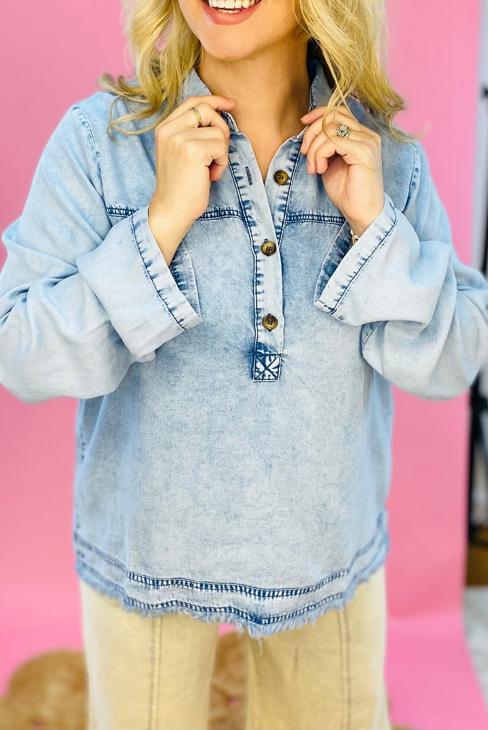 Cool Breeze Denim Pullover-110 Long Sleeve Top-Doe and Rae-The Lovely Closet, Women's Fashion Boutique in Alexandria, KY