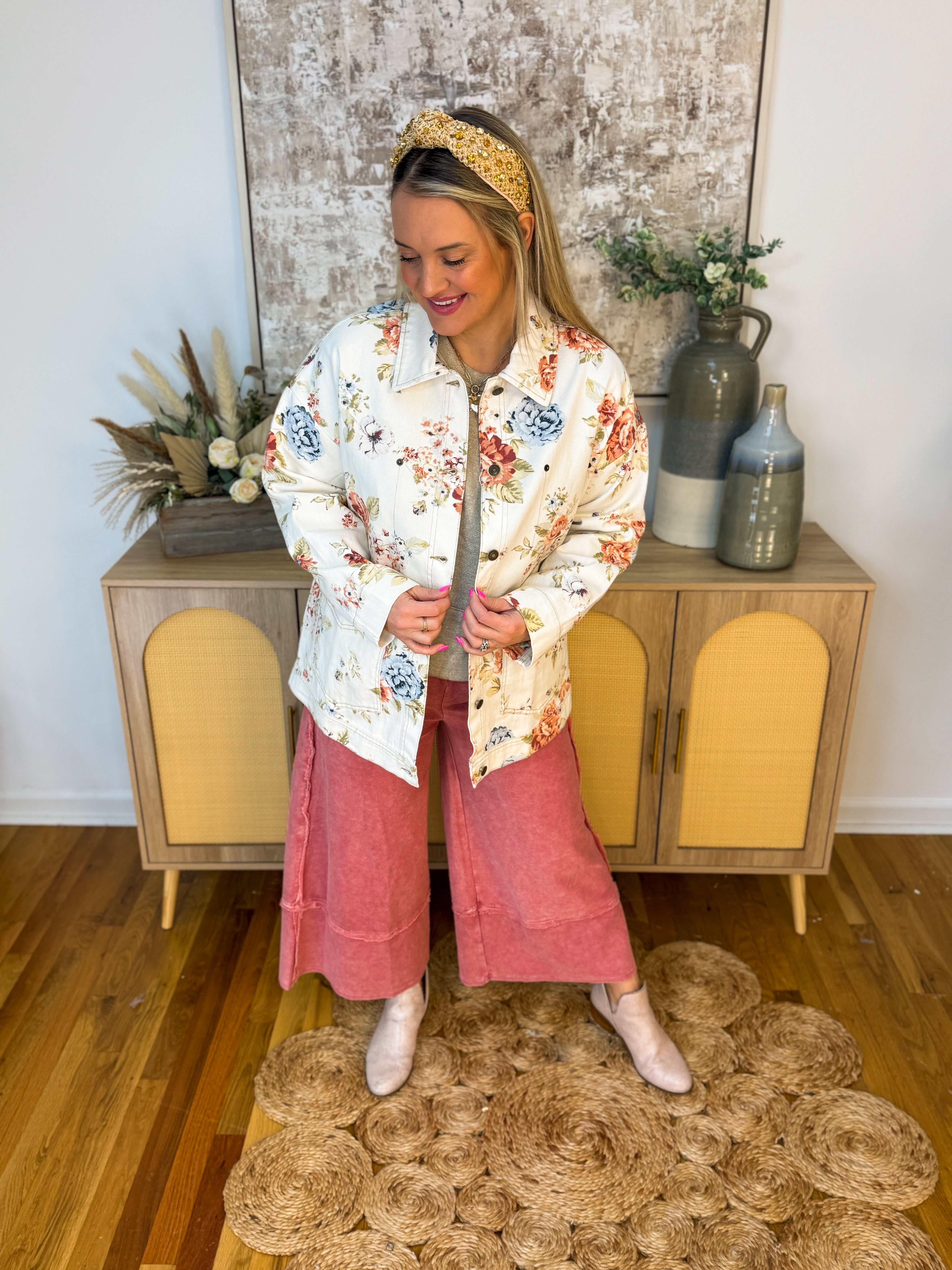 Floral Denim Oversized Jacket-170 Jackets/Outerwear-Blu Pepper-The Lovely Closet, Women's Fashion Boutique in Alexandria, KY