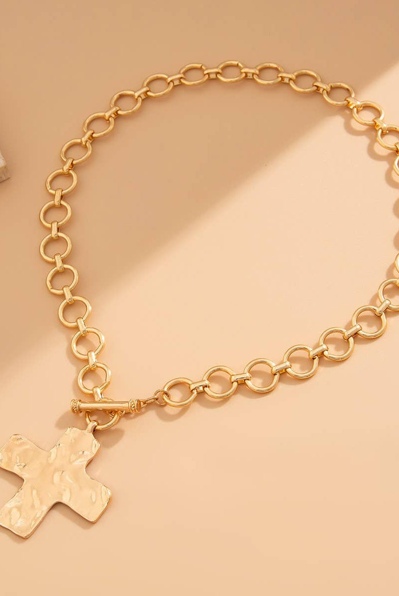 Hammered Cross Necklace - Gold-280 Accessories-JOSSLYN by wall to wall-The Lovely Closet, Women's Fashion Boutique in Alexandria, KY