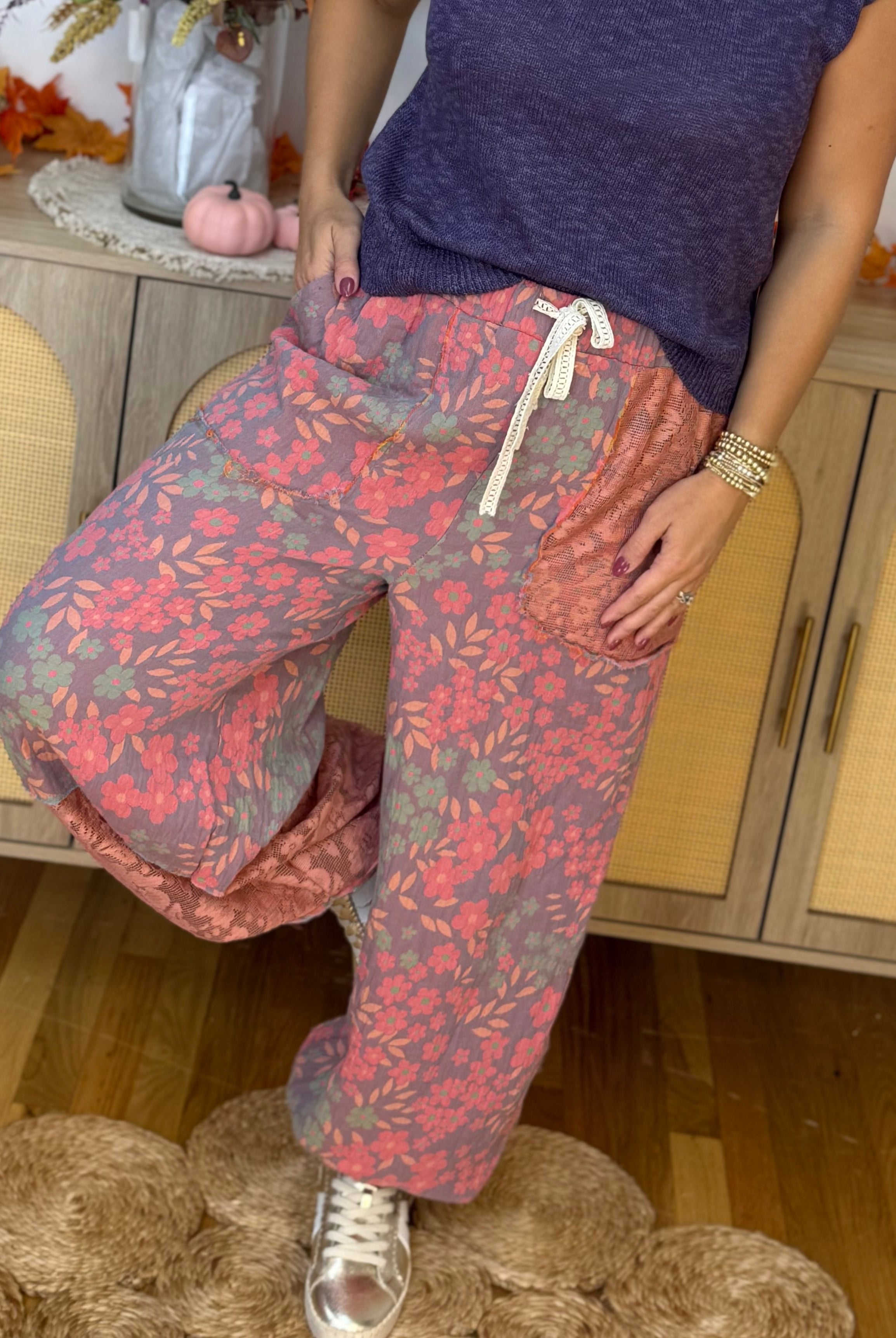 Floral Patchwork Jogger Pants-240 Pants-Pol Clothing-The Lovely Closet, Women's Fashion Boutique in Alexandria, KY