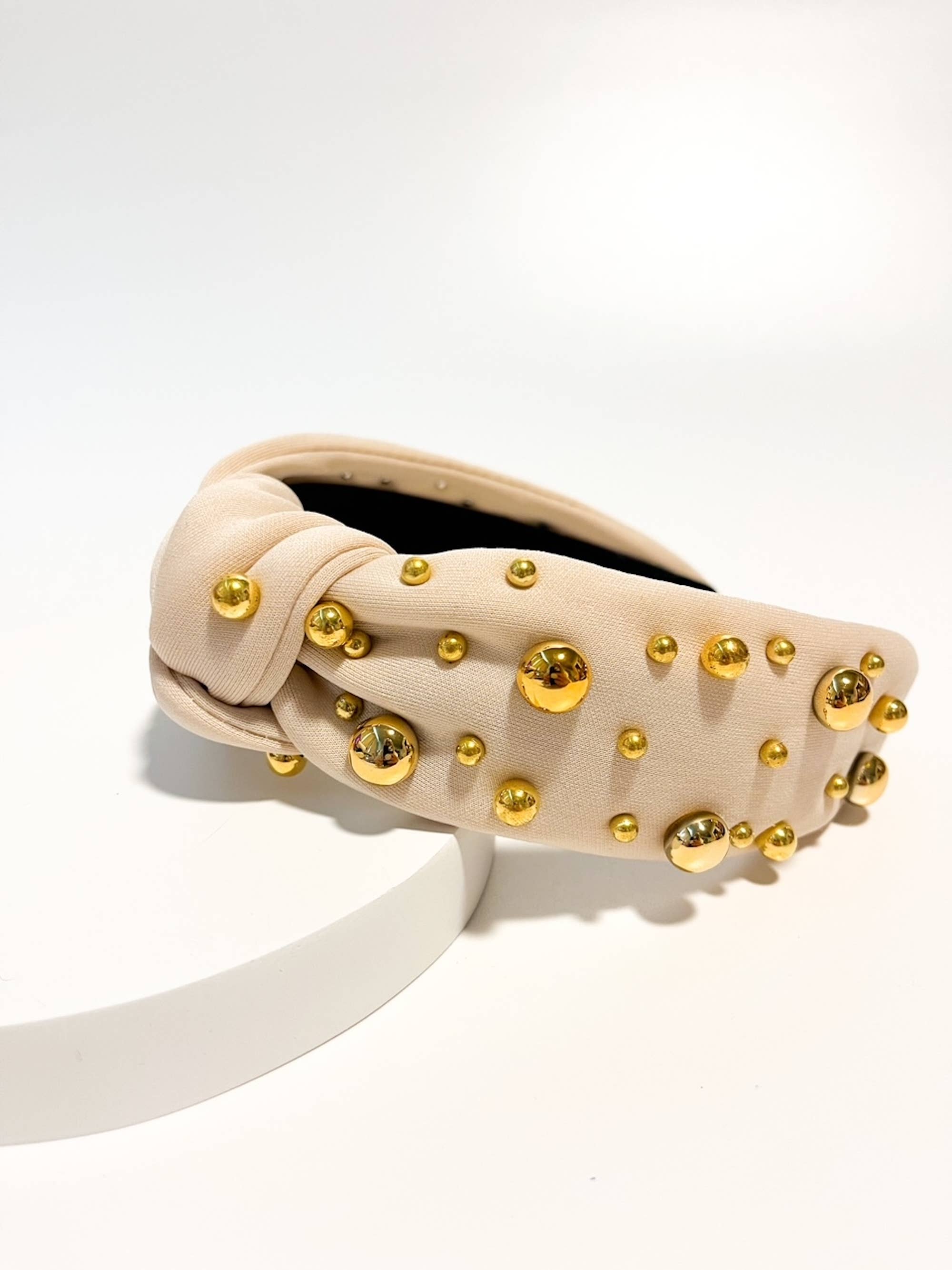 Luxury Winter Holiday Headband - Beige + Gold Pearls-280 Accessories-Brittyland-The Lovely Closet, Women's Fashion Boutique in Alexandria, KY