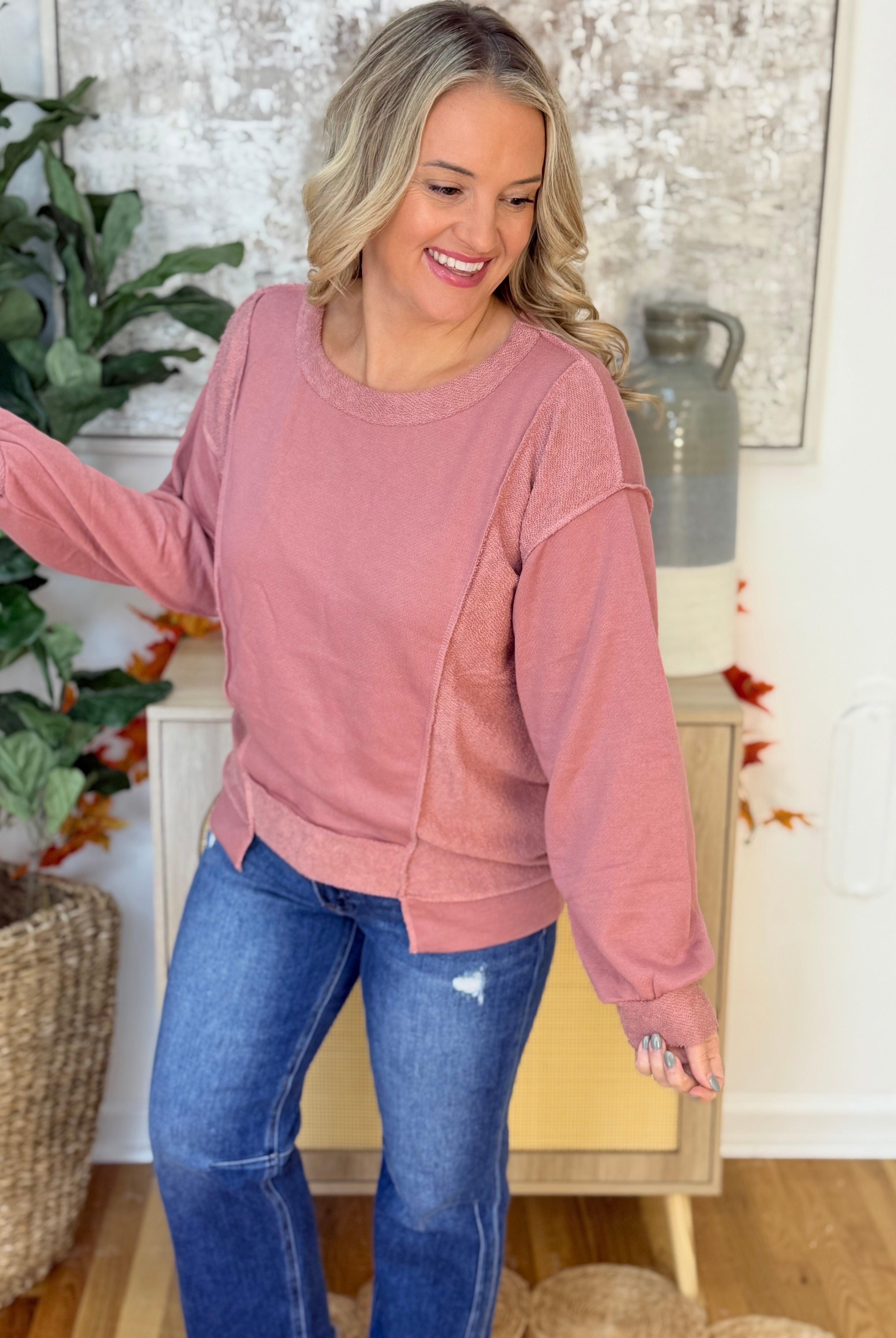 French Terry Reverse Detail Top-110 Long Sleeve Top-bibi-The Lovely Closet, Women's Fashion Boutique in Alexandria, KY