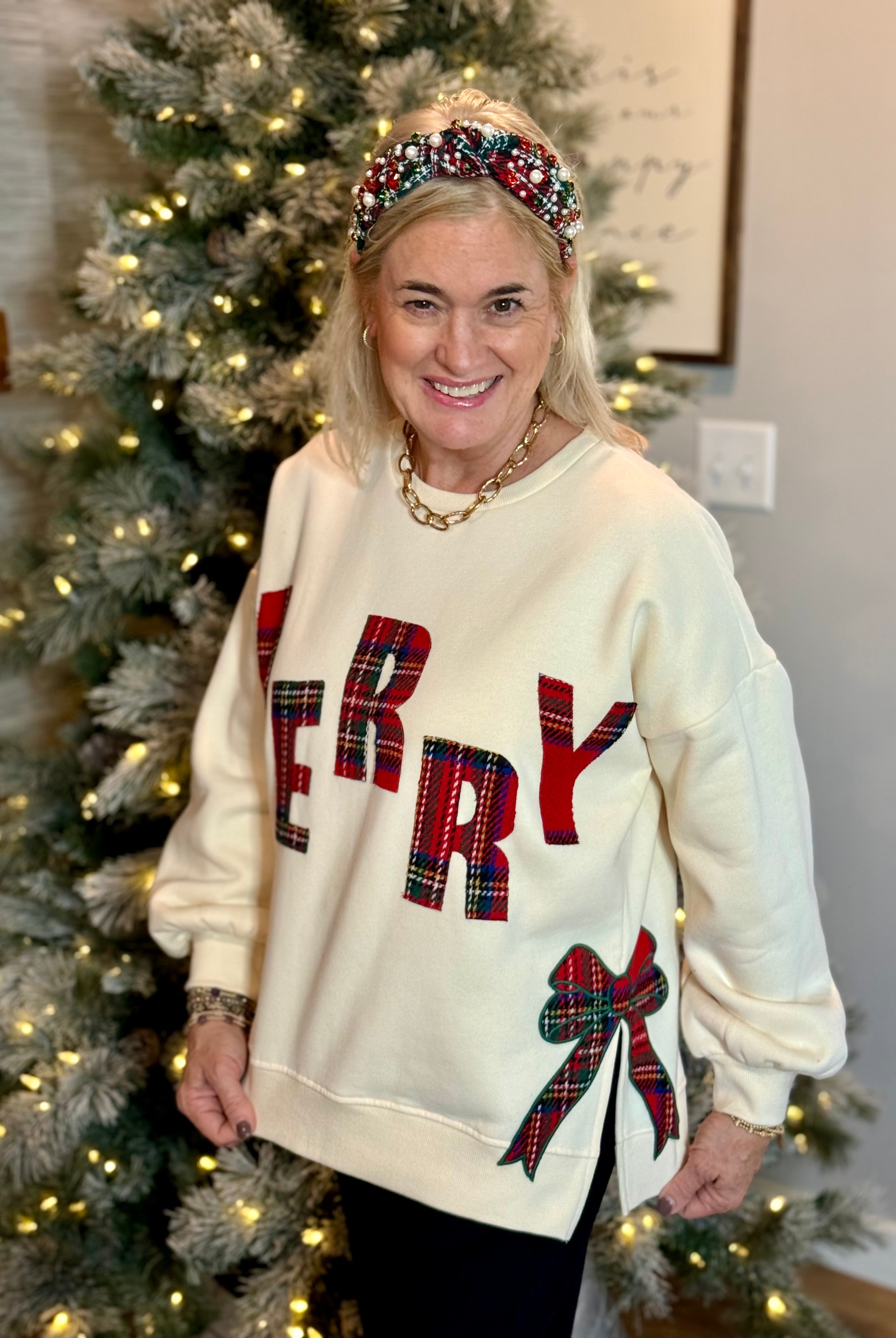 Plaid Merry Applique Pullover-110 Long Sleeve Top-Bibi-The Lovely Closet, Women's Fashion Boutique in Alexandria, KY