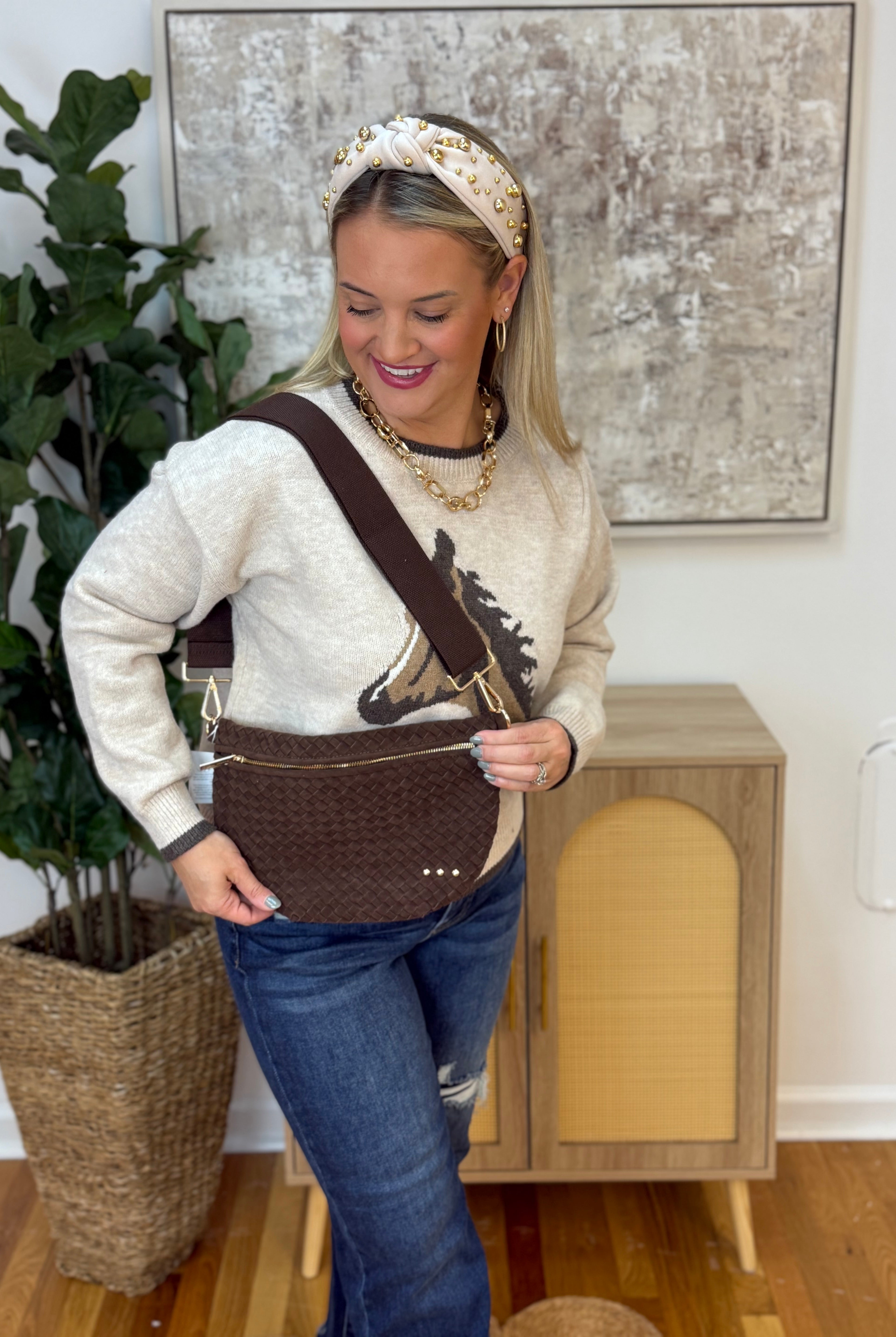 Suede Westlyn Woven Bum Bag - Suede Chocolate-290 Bag/Handbags-Pretty Simple-The Lovely Closet, Women's Fashion Boutique in Alexandria, KY