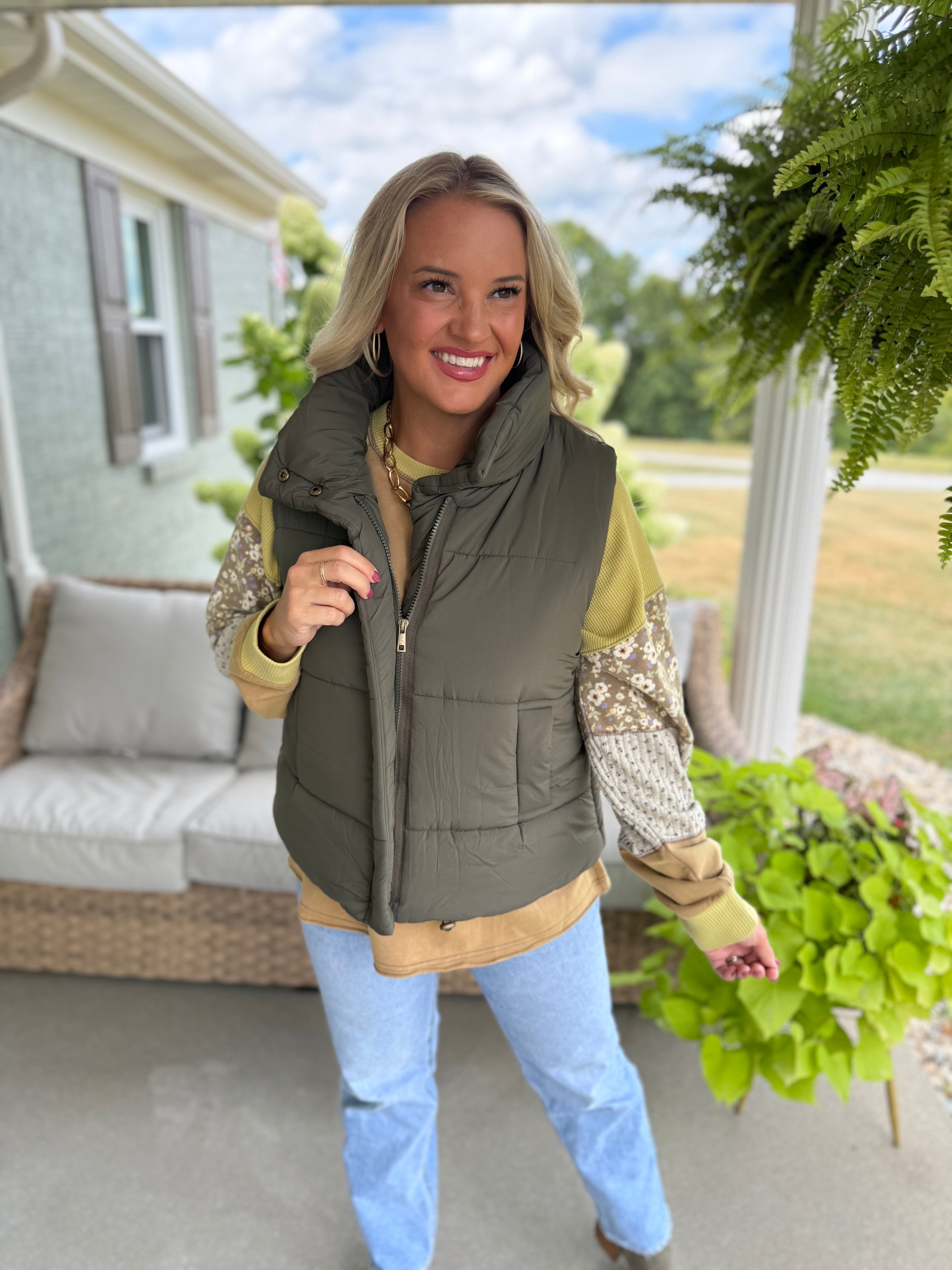 Weekend Puffer Vest - Olive-170 Jackets/Outerwear-zenana-The Lovely Closet, Women's Fashion Boutique in Alexandria, KY