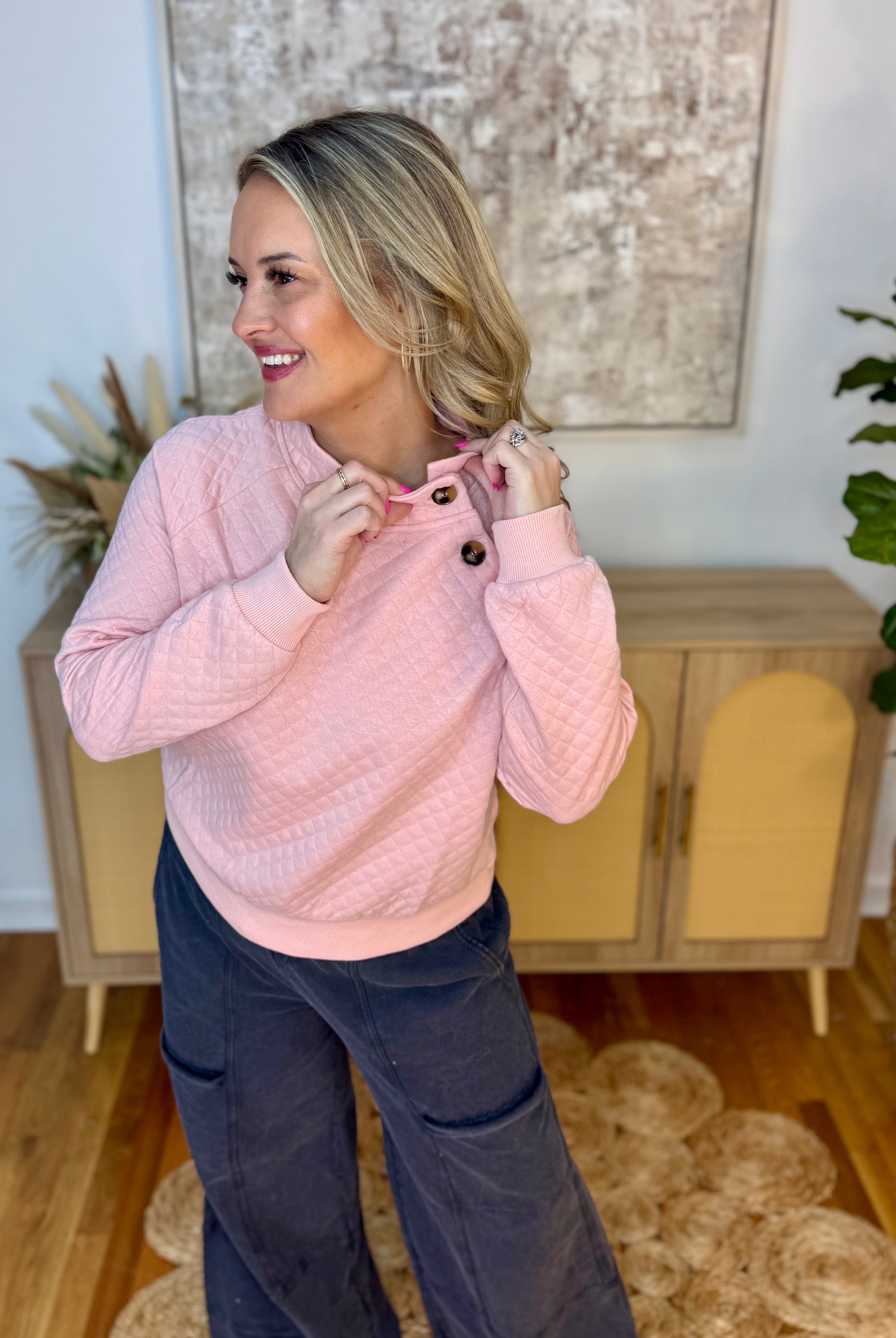 Winter Bliss Quilted Pullover - Blush-150 Sweatshirts-Doe and Rae-The Lovely Closet, Women's Fashion Boutique in Alexandria, KY