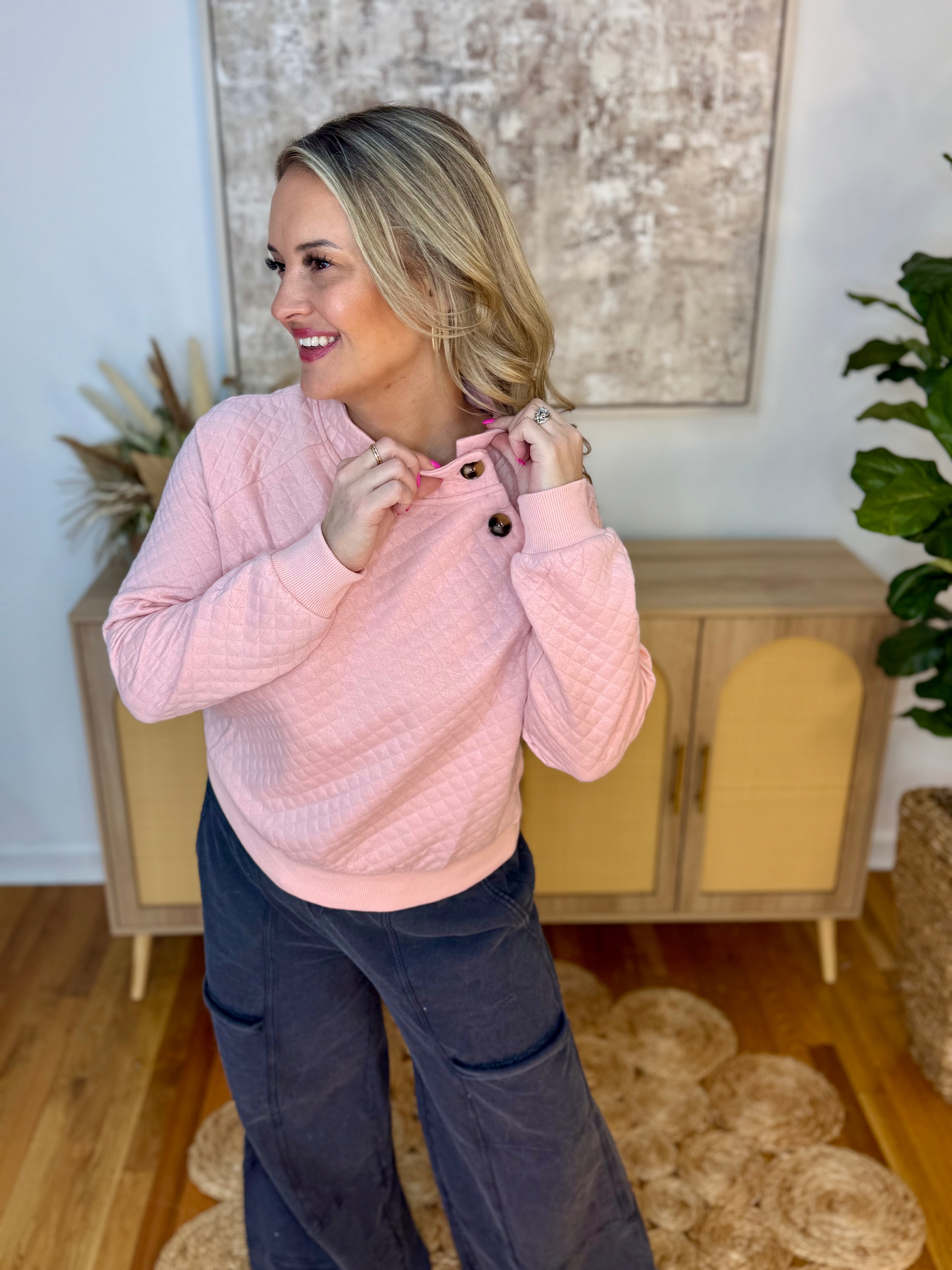 Winter Bliss Quilted Pullover - Blush-150 Sweatshirts-Doe and Rae-The Lovely Closet, Women's Fashion Boutique in Alexandria, KY