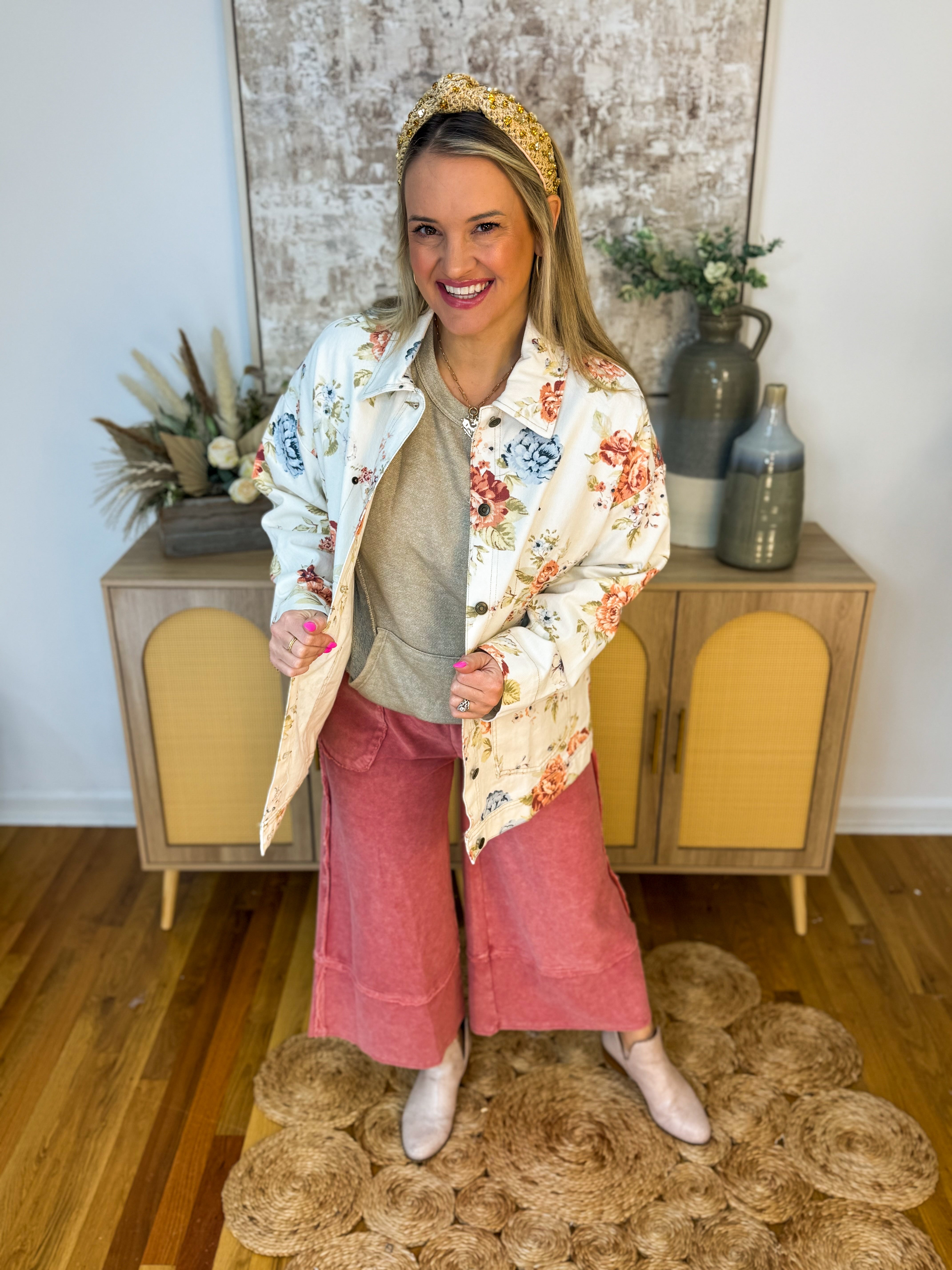 Floral Denim Oversized Jacket-170 Jackets/Outerwear-Blu Pepper-The Lovely Closet, Women's Fashion Boutique in Alexandria, KY
