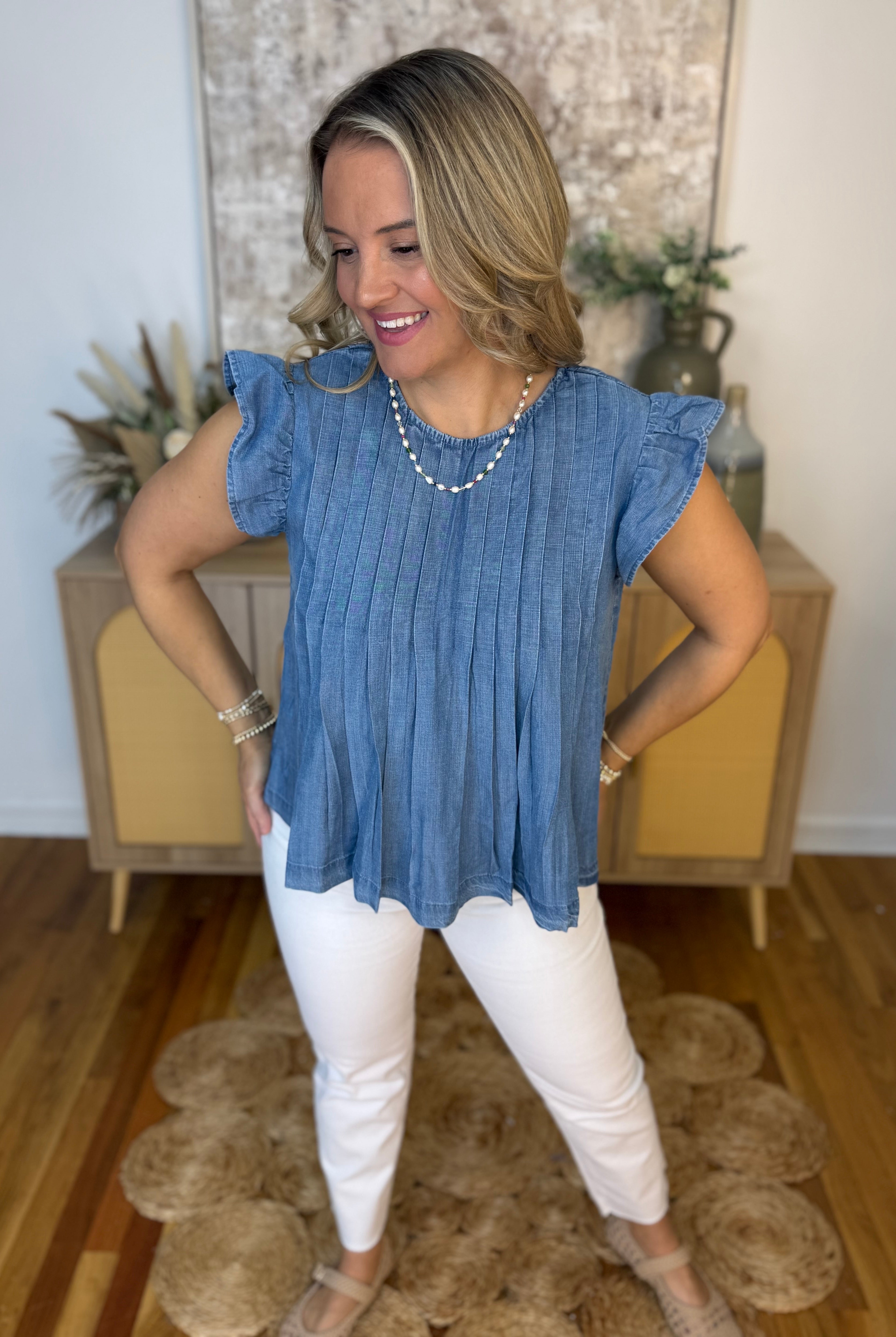 Simple Details Chambray Top-100 Short Sleeve Tops-Blu Pepper-The Lovely Closet, Women's Fashion Boutique in Alexandria, KY