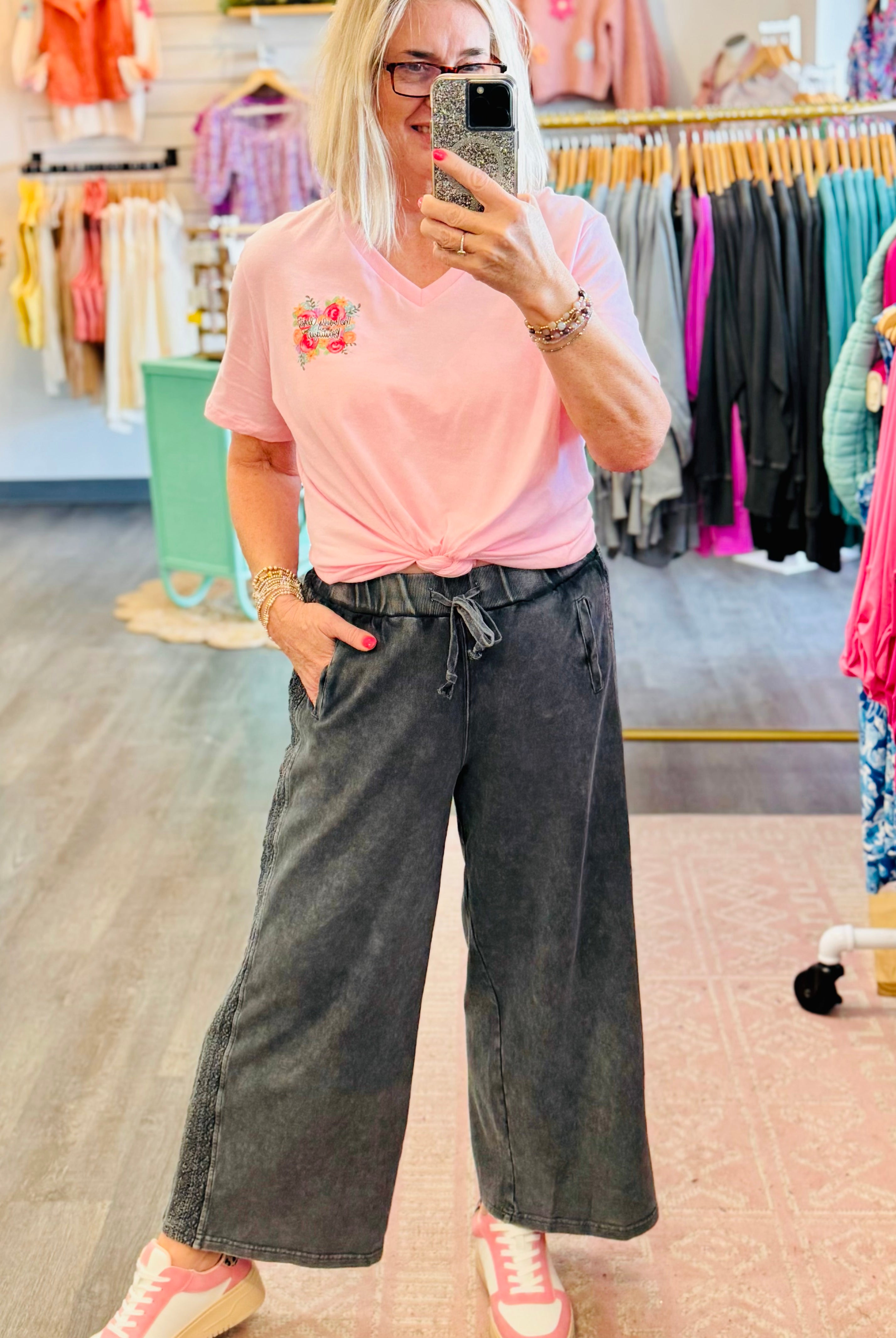 On the Casual Side Lace Detail Pants - Ash-240 Pants-The Lovely Closet-The Lovely Closet, Women's Fashion Boutique in Alexandria, KY