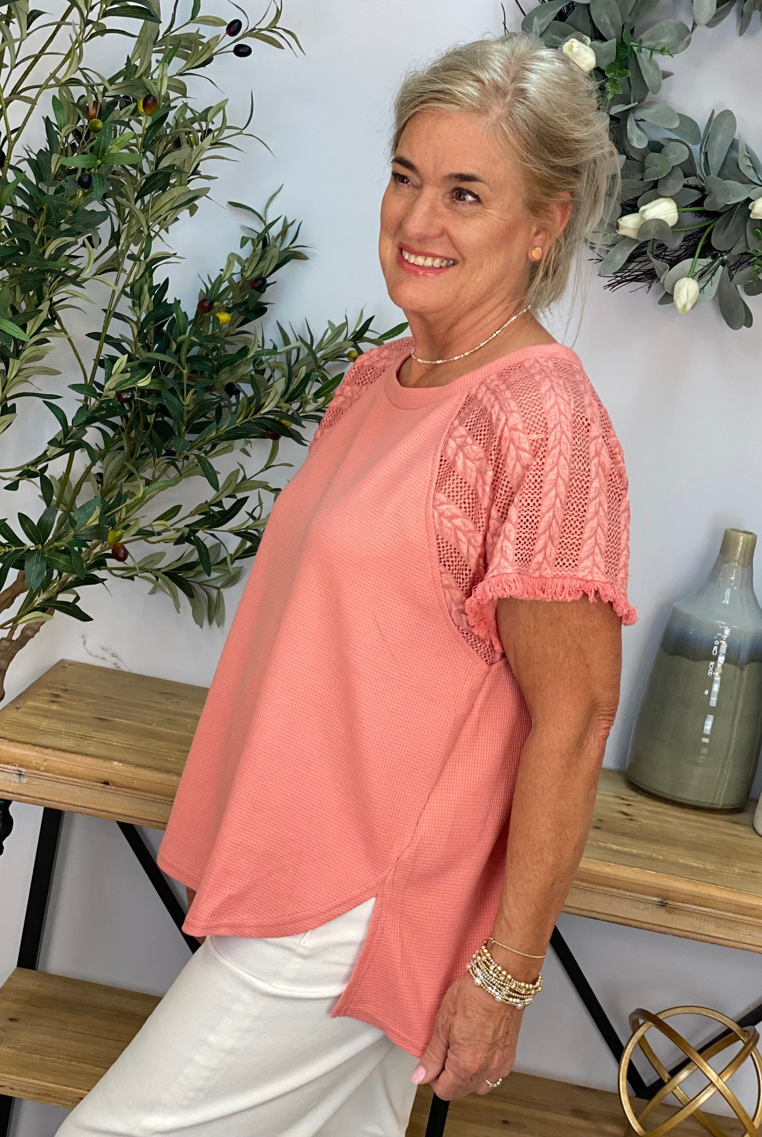 All in the Details Top - Coral-100 Short Sleeve Tops-The Lovely Closet-The Lovely Closet, Women's Fashion Boutique in Alexandria, KY