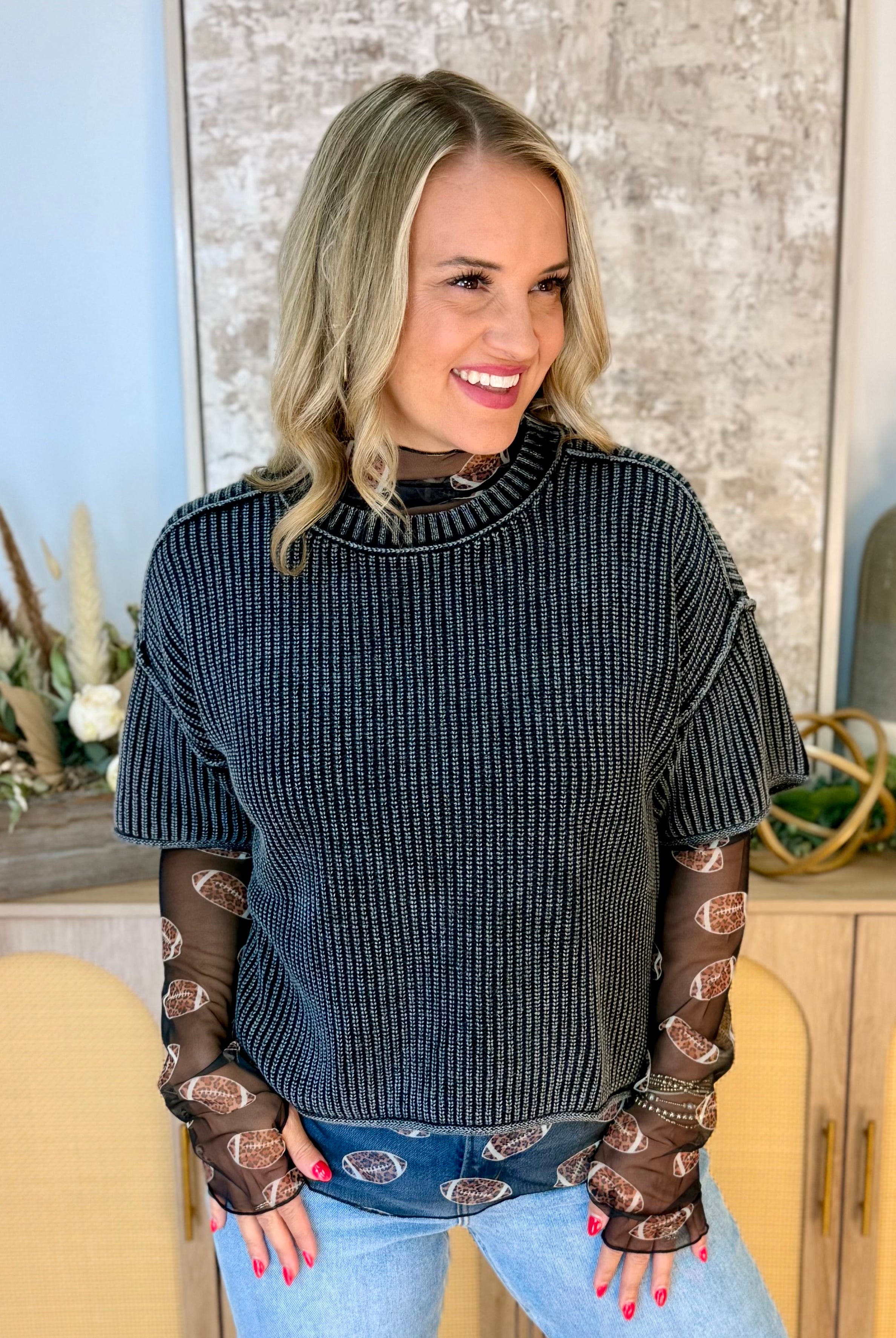 Football Sheer Layering Top-110 Long Sleeve Top-sweet generis-The Lovely Closet, Women's Fashion Boutique in Alexandria, KY