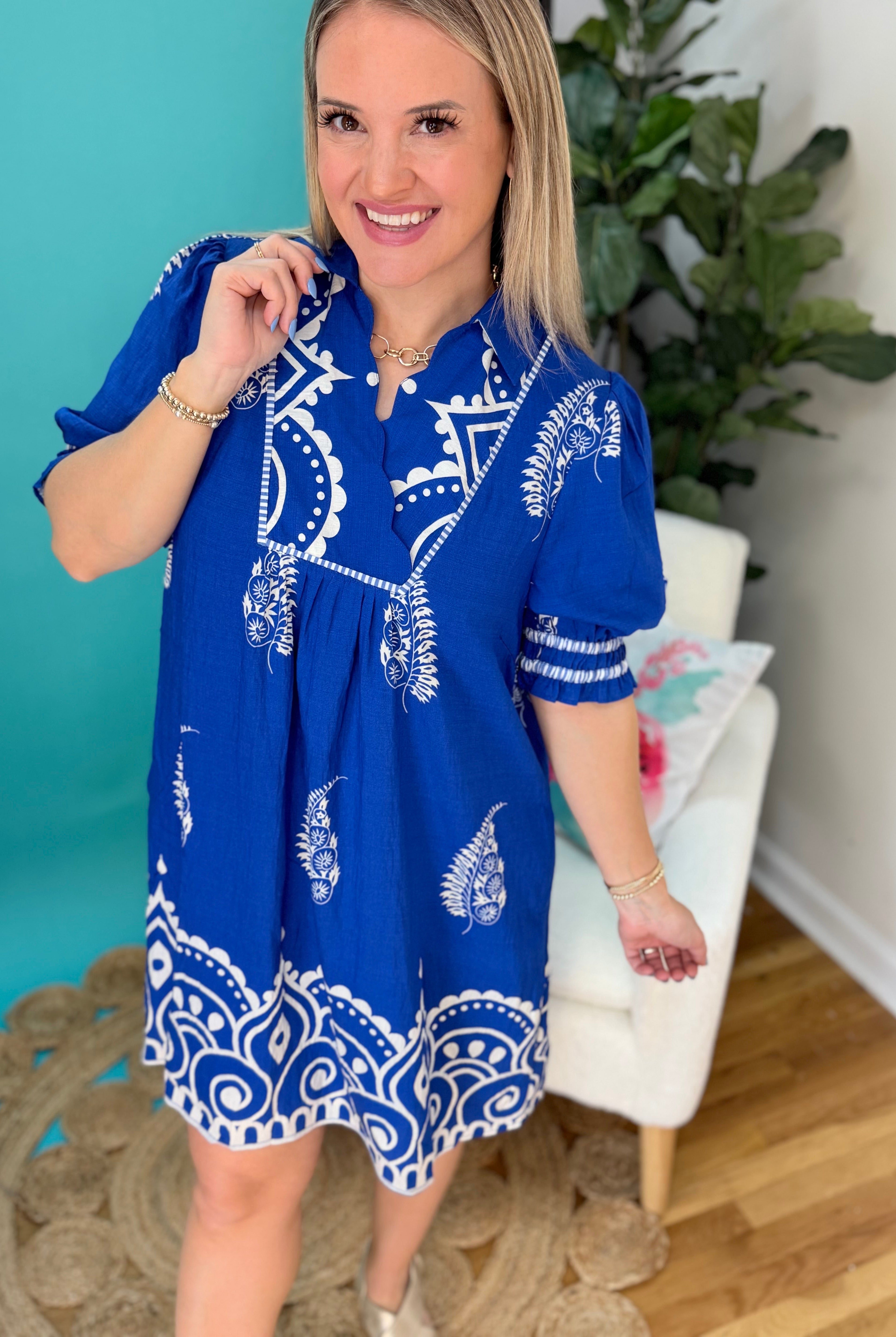 Sapphire Blooms Dress-180 Dresses-umgee-The Lovely Closet, Women's Fashion Boutique in Alexandria, KY