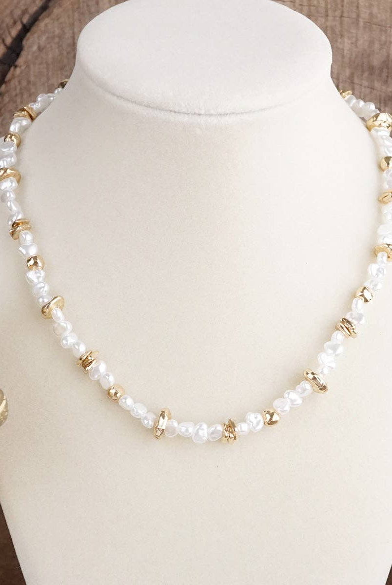 Golden Drift – Dainty Necklace with Faux Pearls and Nugget Beads-250 Jewelry-PennyLine inc-The Lovely Closet, Women's Fashion Boutique in Alexandria, KY