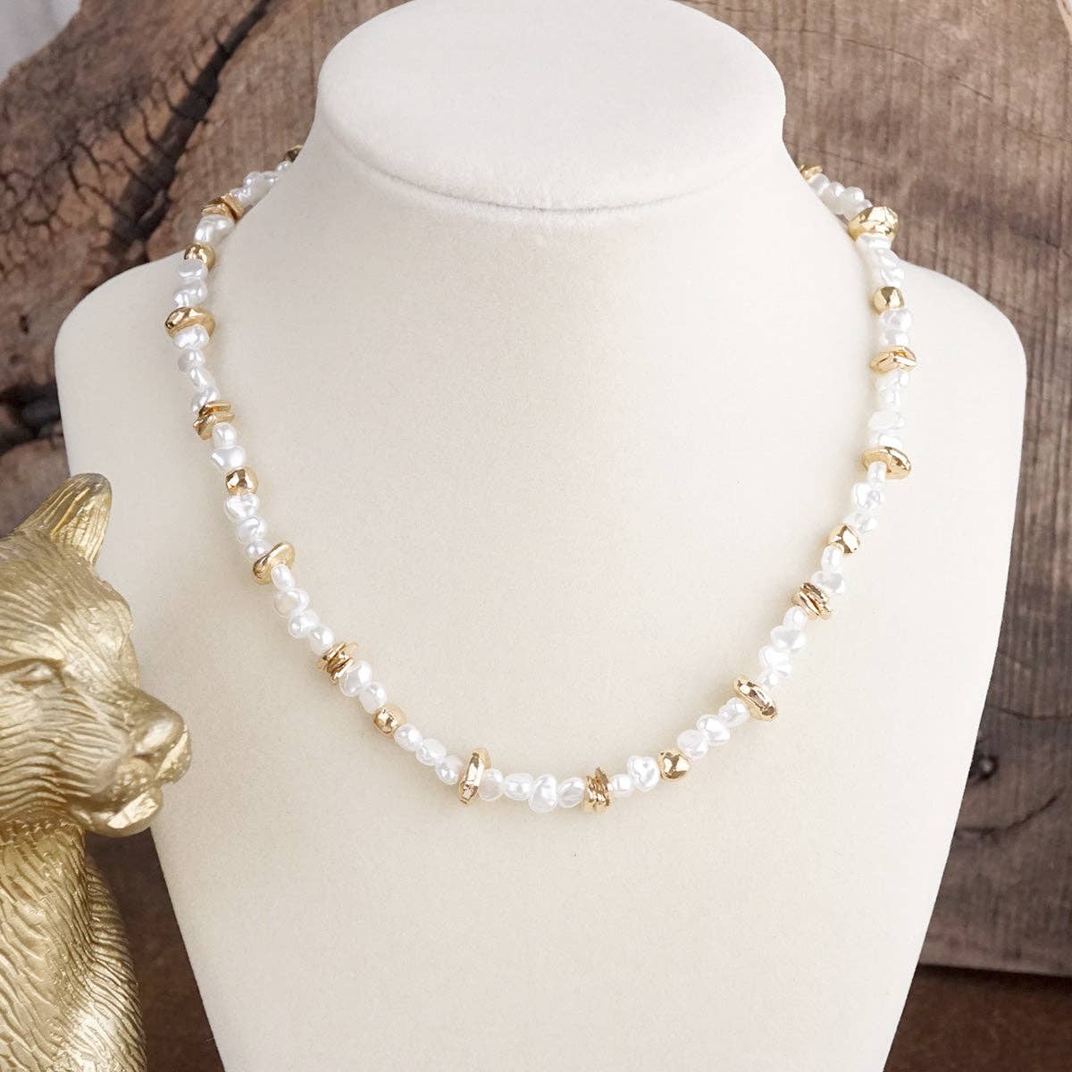 Golden Drift – Dainty Necklace with Faux Pearls and Nugget Beads-250 Jewelry-PennyLine inc-The Lovely Closet, Women's Fashion Boutique in Alexandria, KY