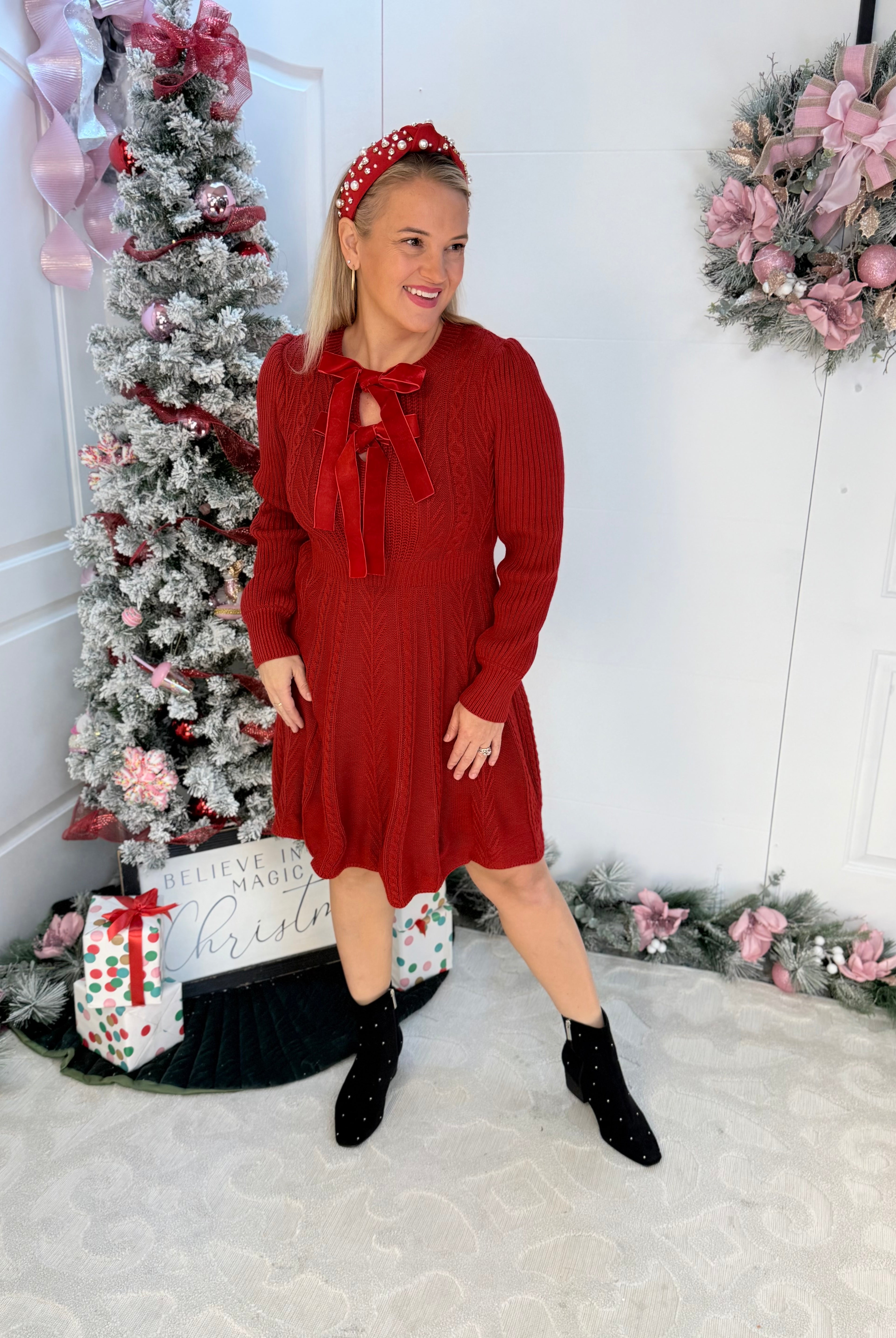 Christmas Velvet Bow Cable Sweater Dress-110 Long Sleeve Top-Bibi-The Lovely Closet, Women's Fashion Boutique in Alexandria, KY
