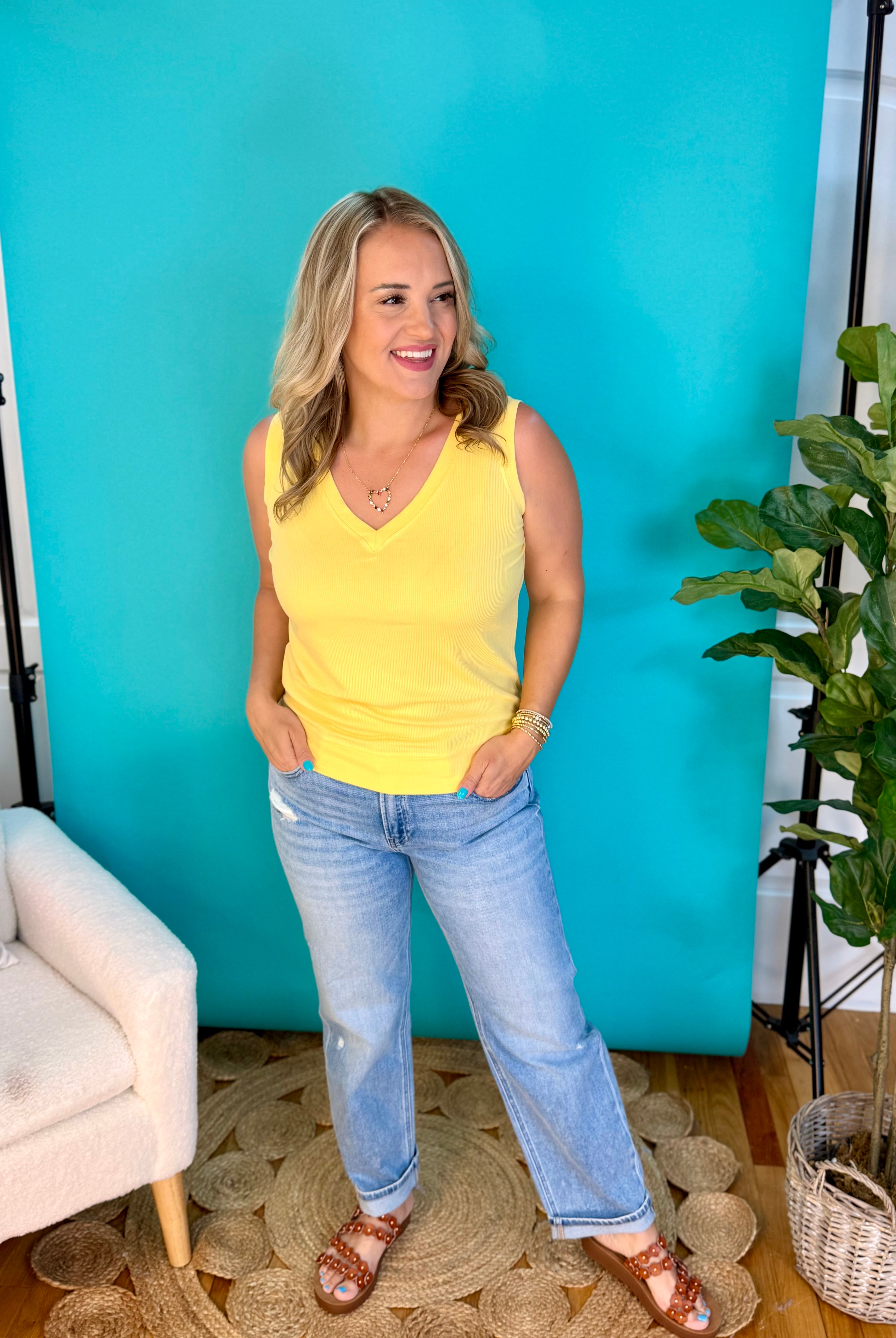 LuxeAir Ribbed Relaxed V-Neck Tank - Yellow-120 Sleeveless Tops-Yelete-The Lovely Closet, Women's Fashion Boutique in Alexandria, KY