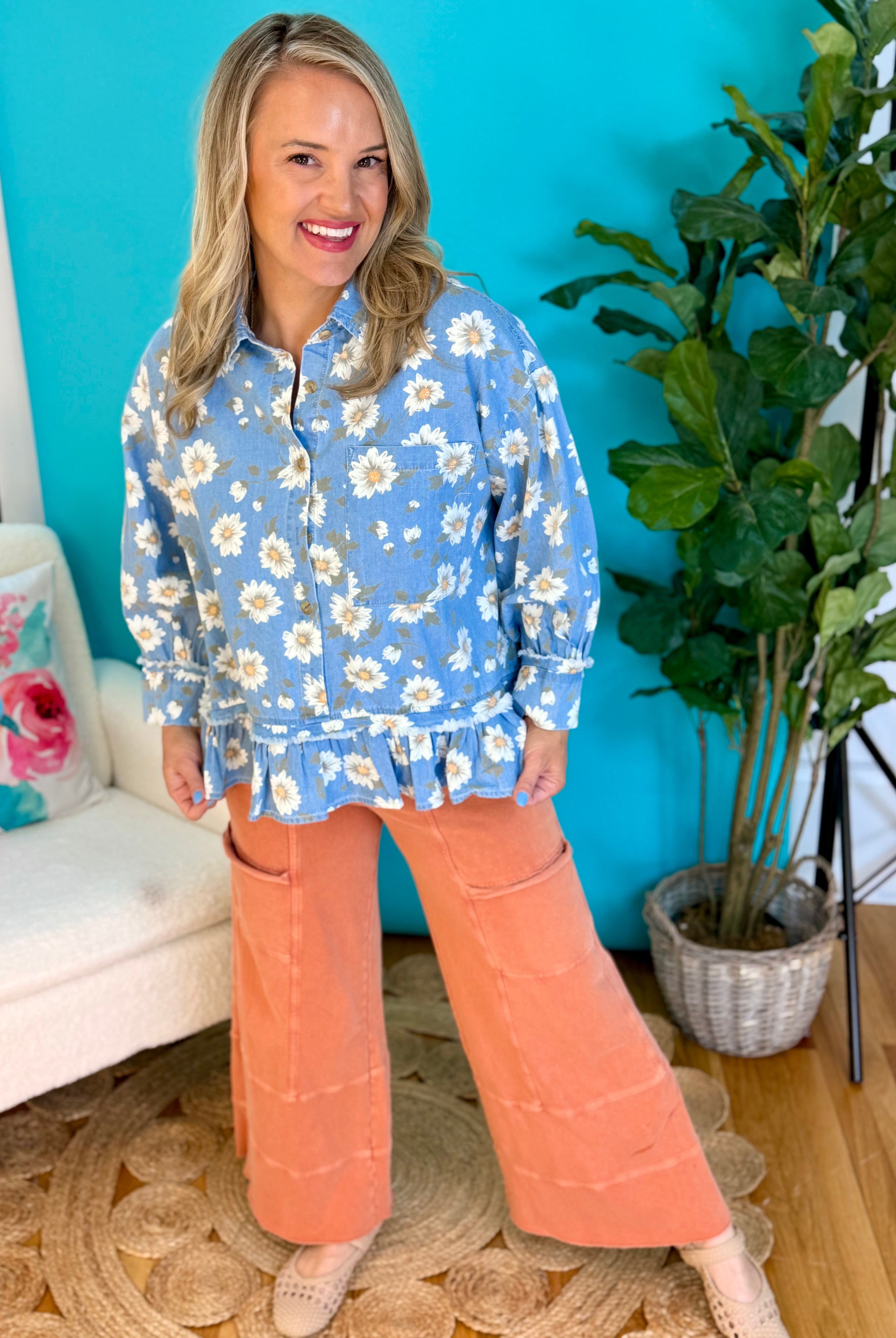 Daisy Print Denim Top-110 Long Sleeve Top-easel-The Lovely Closet, Women's Fashion Boutique in Alexandria, KY