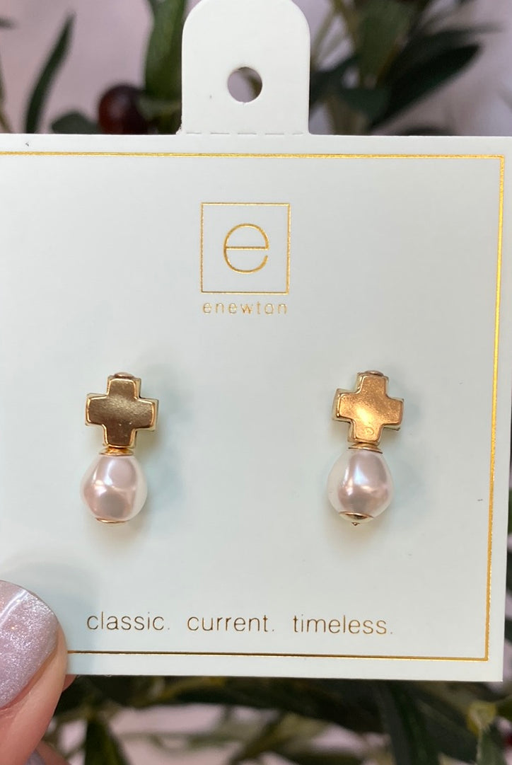 Signature Gold Cross Stud - Pearl-260 eNewton-eNewton-The Lovely Closet, Women's Fashion Boutique in Alexandria, KY
