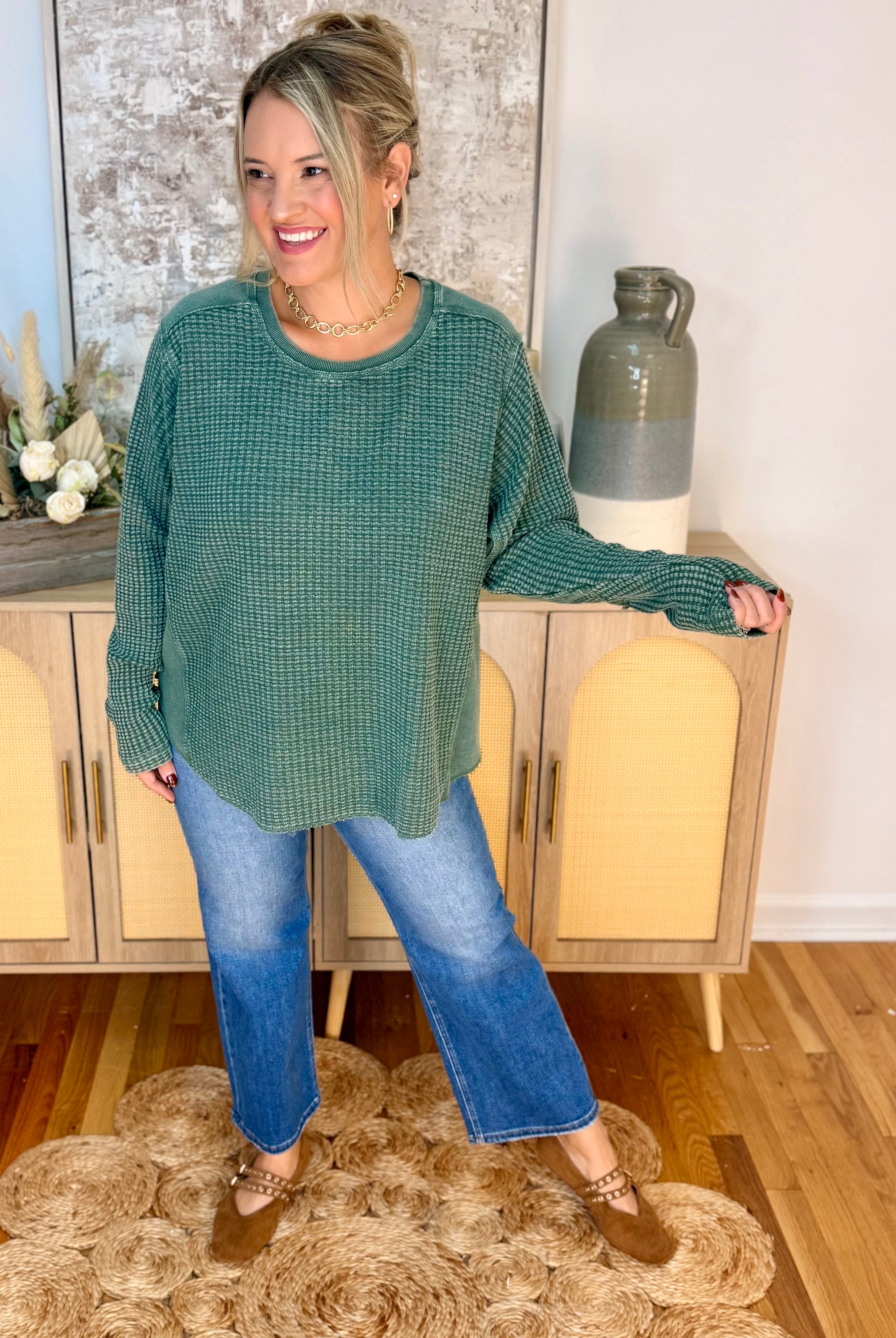 Something Extra waffle Knit Top - Pine-110 Long Sleeve Top-easel-The Lovely Closet, Women's Fashion Boutique in Alexandria, KY