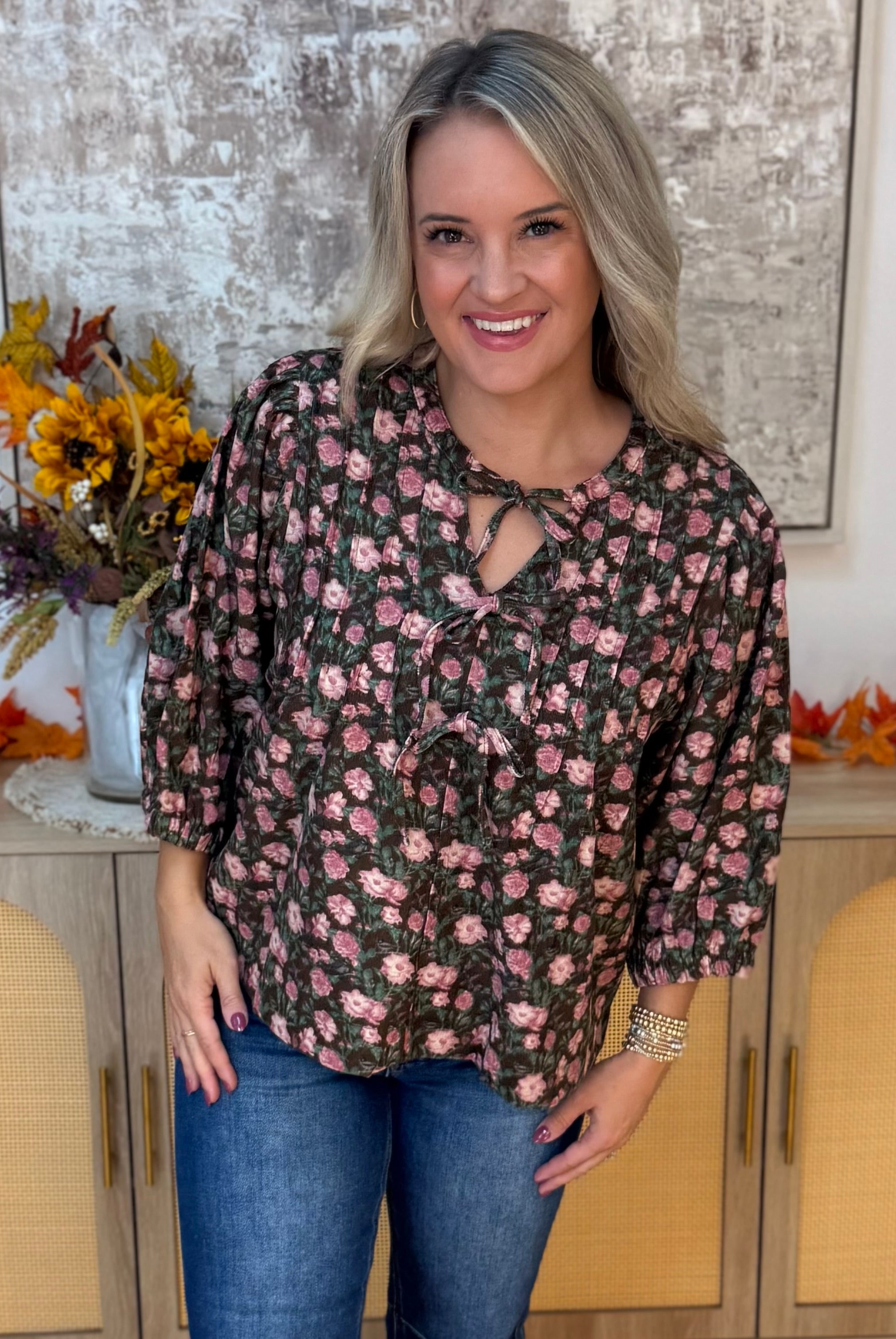 Autumn Bloom Blouse-100 Short Sleeve Tops-Umgee-The Lovely Closet, Women's Fashion Boutique in Alexandria, KY