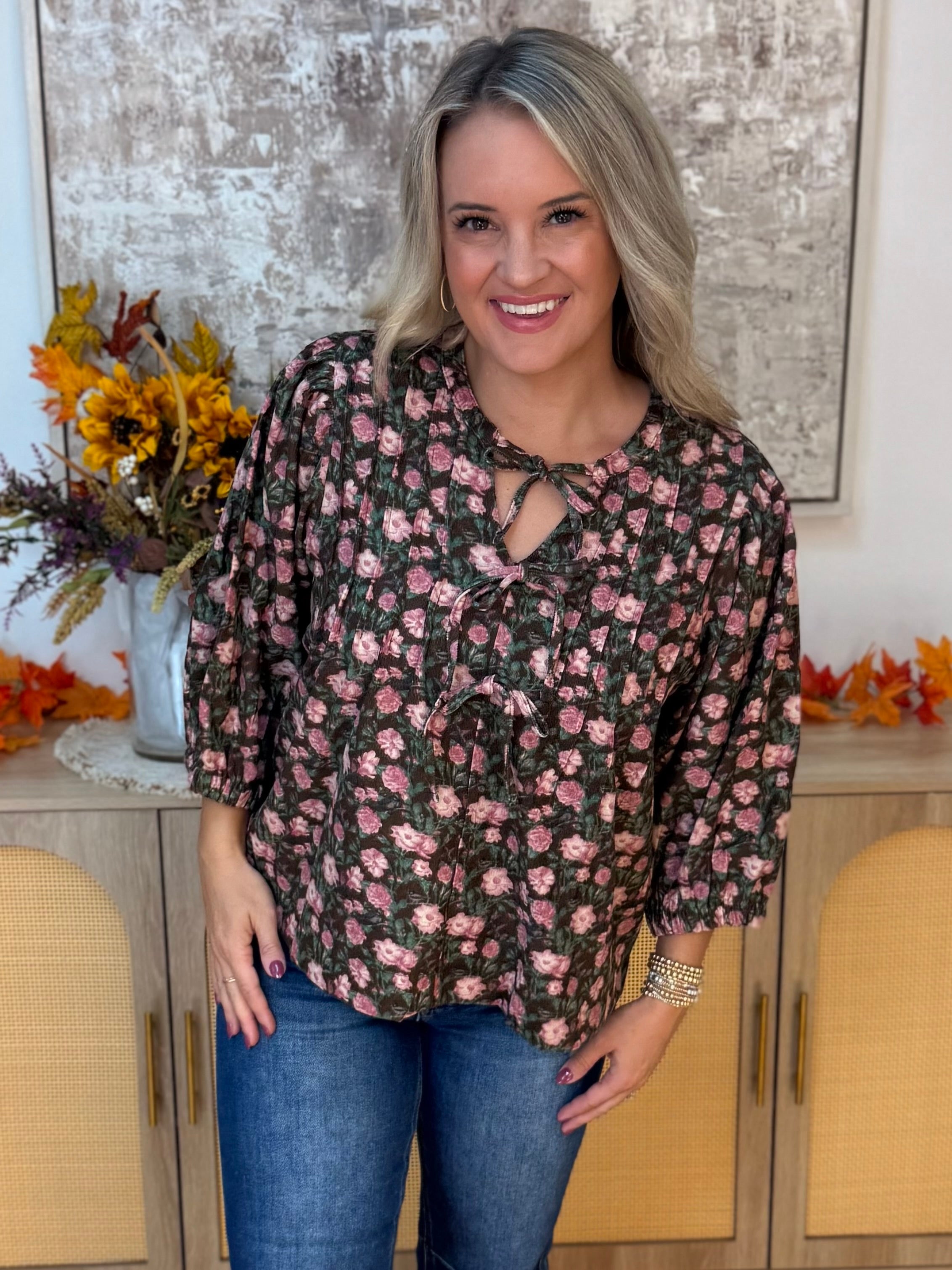 Autumn Bloom Blouse-100 Short Sleeve Tops-Umgee-The Lovely Closet, Women's Fashion Boutique in Alexandria, KY