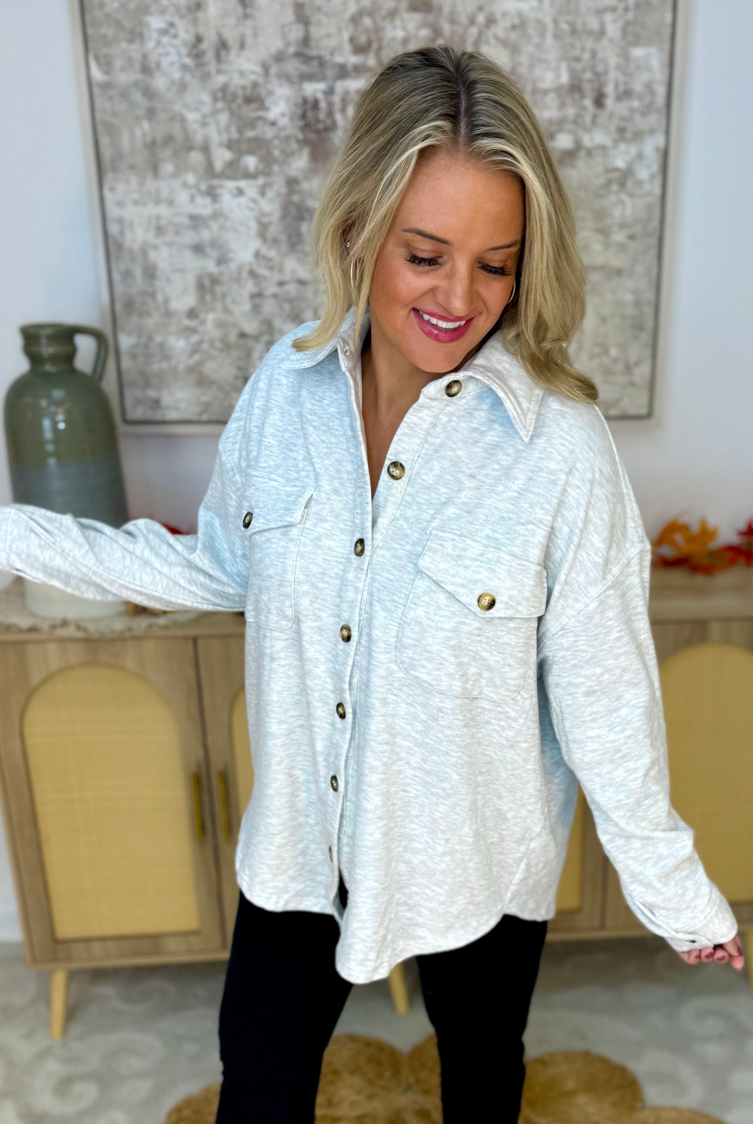 Cozy Season Button Down Shacket - Grey-170 Jackets/Outerwear-White Birch-The Lovely Closet, Women's Fashion Boutique in Alexandria, KY