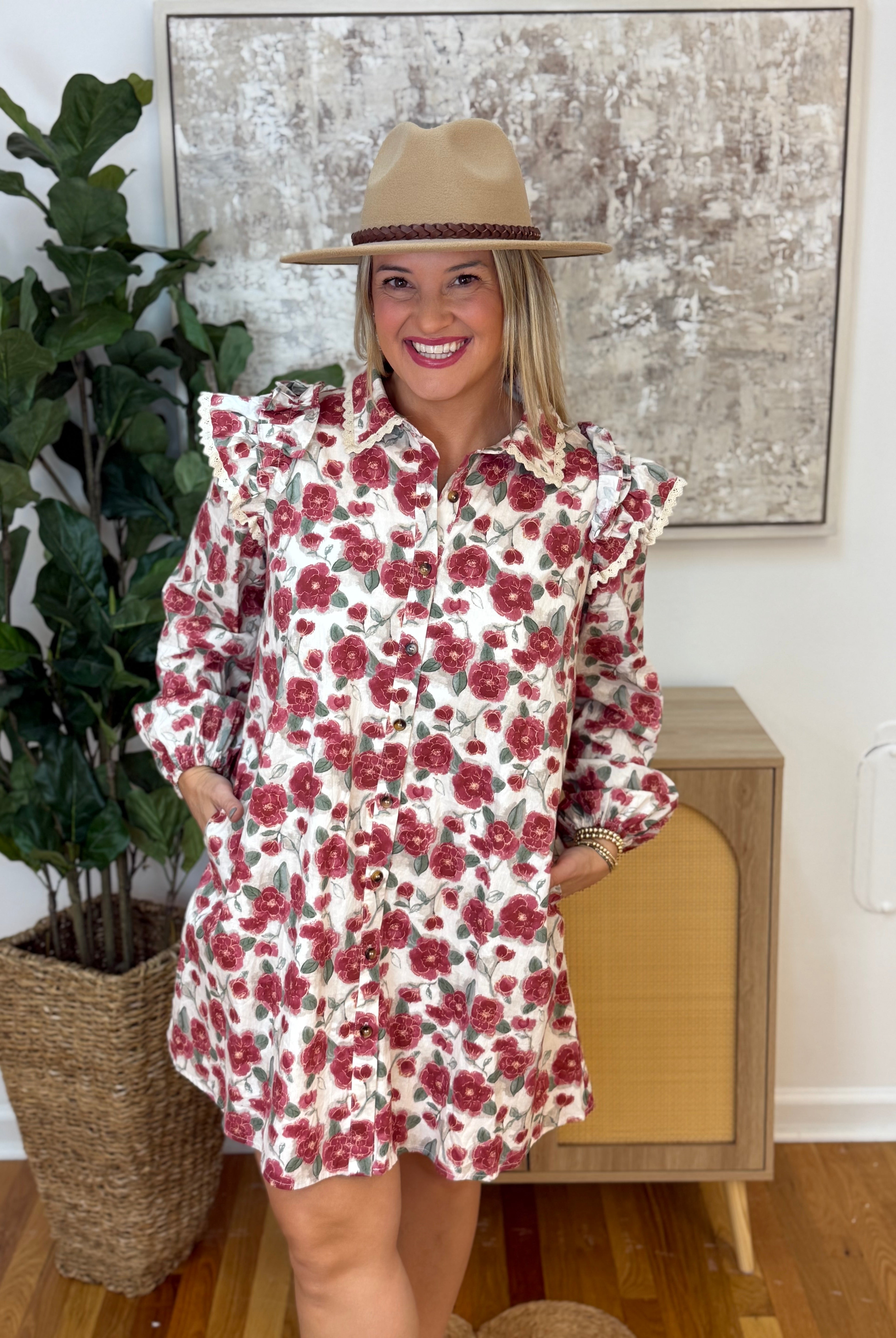 Rose Print Button Down Dress-180 Dresses-Anniewear-The Lovely Closet, Women's Fashion Boutique in Alexandria, KY