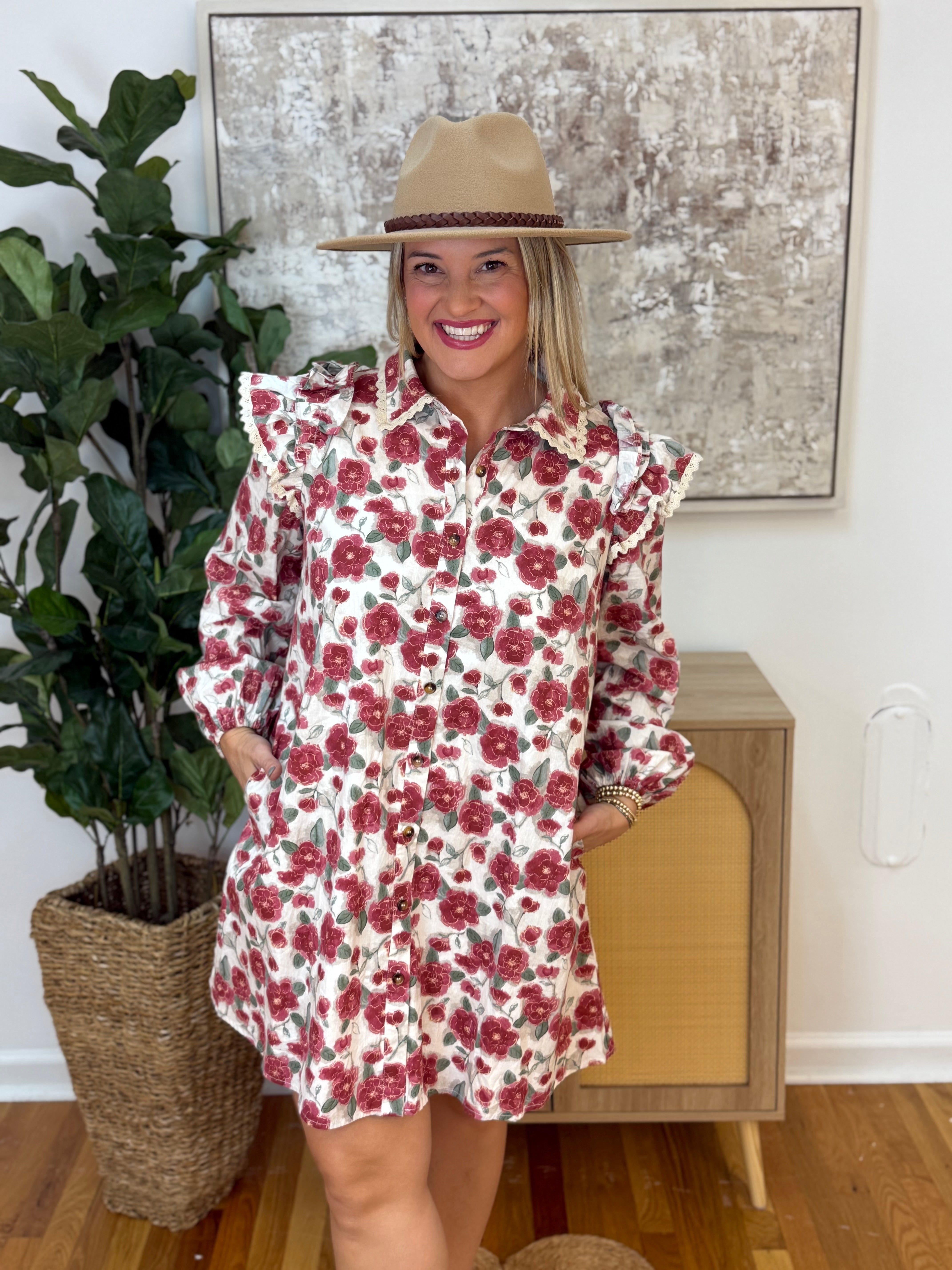 Rose Print Button Down Dress-180 Dresses-Anniewear-The Lovely Closet, Women's Fashion Boutique in Alexandria, KY