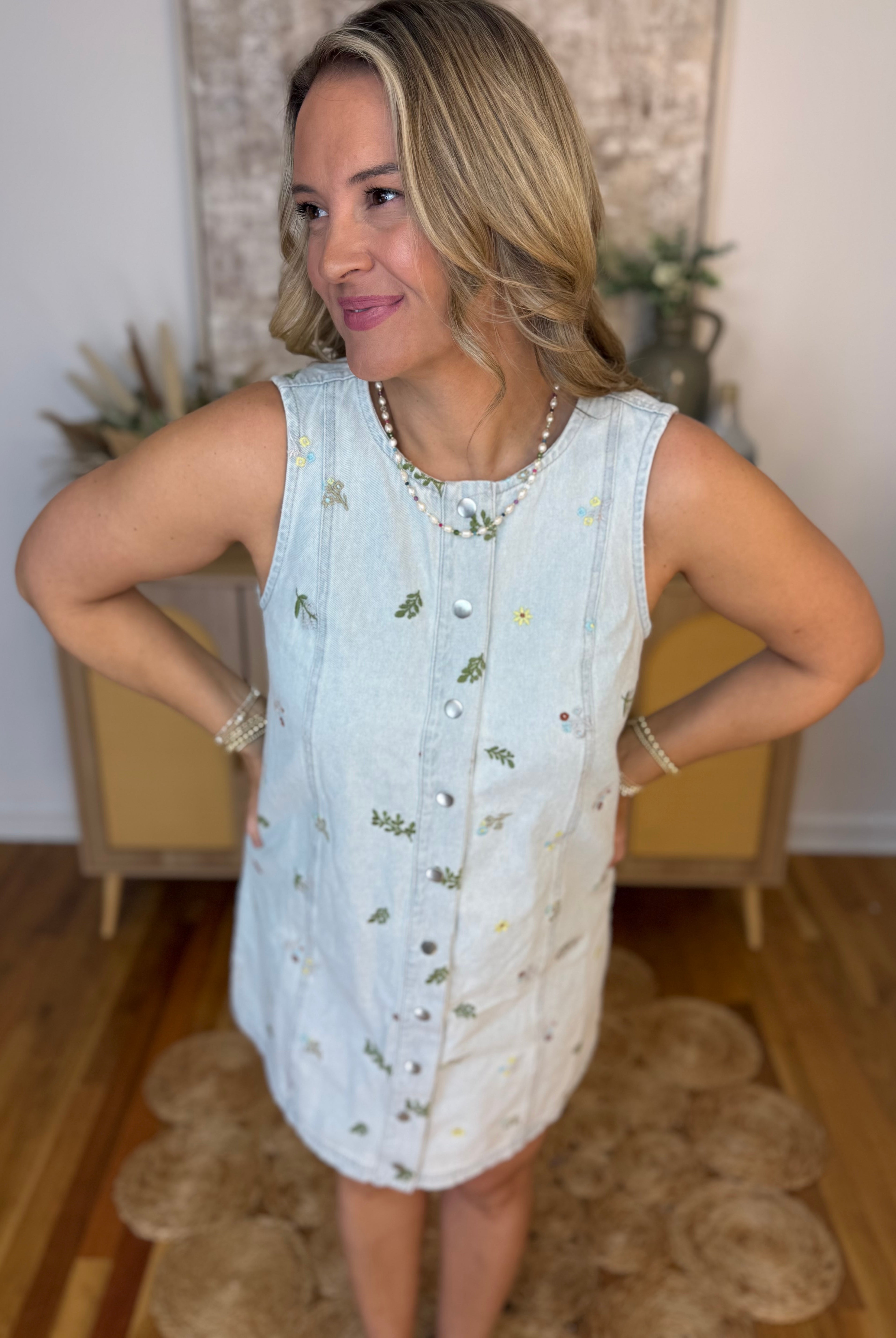Fresh Picked Embroidered Denim Shift Dress-180 Dresses-Blu Pepper-The Lovely Closet, Women's Fashion Boutique in Alexandria, KY