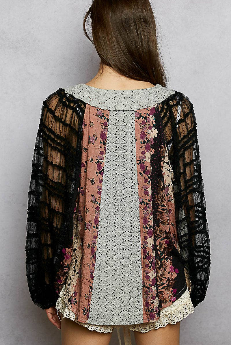 Long Sleeve Lace Contrast Printed Woven Top-110 Long Sleeve Top-Pol Clothing-The Lovely Closet, Women's Fashion Boutique in Alexandria, KY
