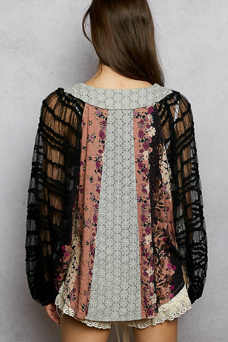 Long Sleeve Lace Contrast Printed Woven Top-110 Long Sleeve Top-Pol Clothing-The Lovely Closet, Women's Fashion Boutique in Alexandria, KY