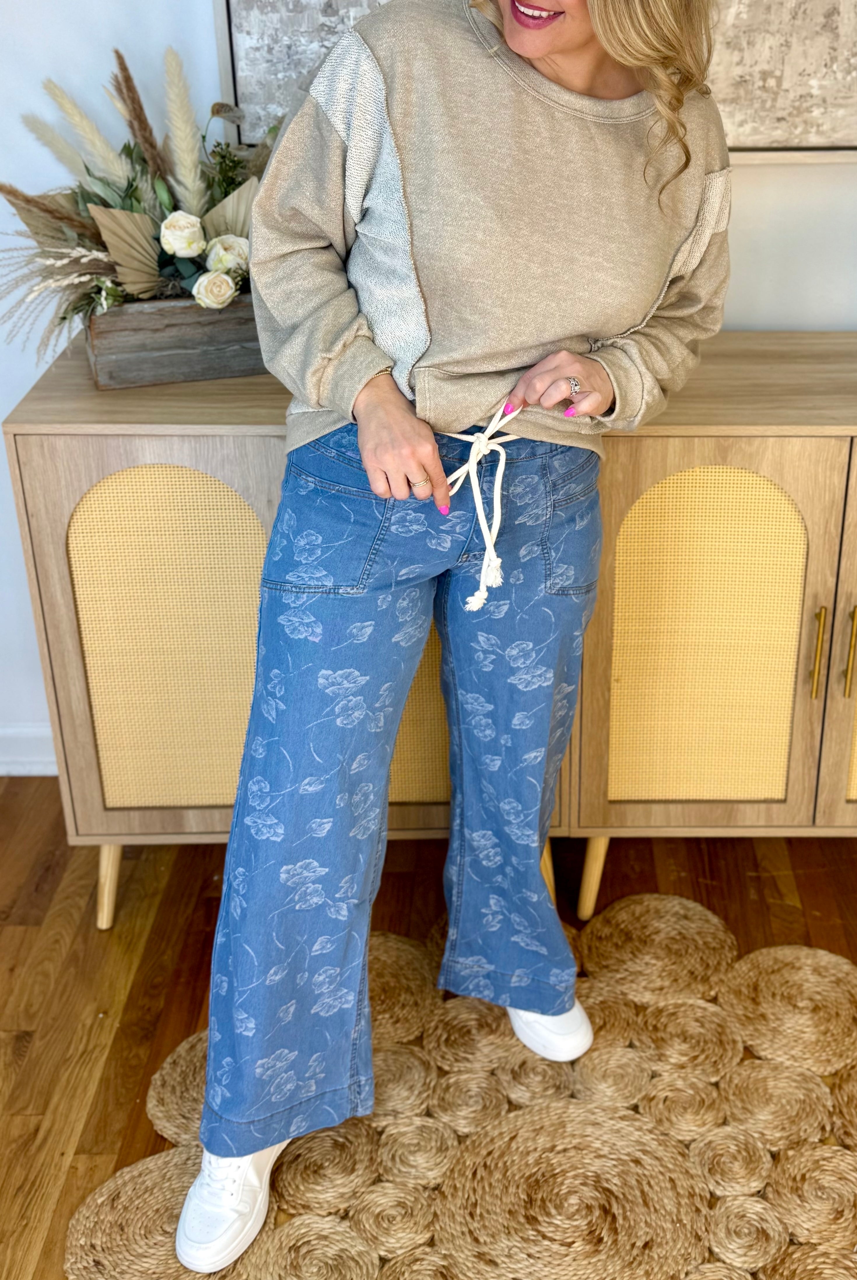 Floral Printed Denim Wide Leg Pants-240 Pants-The Lovely Closet-The Lovely Closet, Women's Fashion Boutique in Alexandria, KY