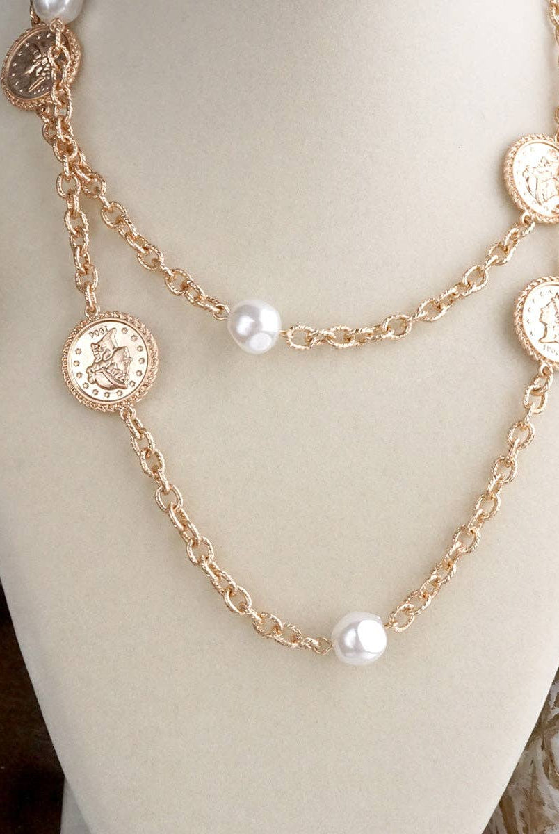 Starlit Relics – Coin & Pearl Station Necklace: Worn Gold Tone-250 Jewelry-PennyLine inc-The Lovely Closet, Women's Fashion Boutique in Alexandria, KY