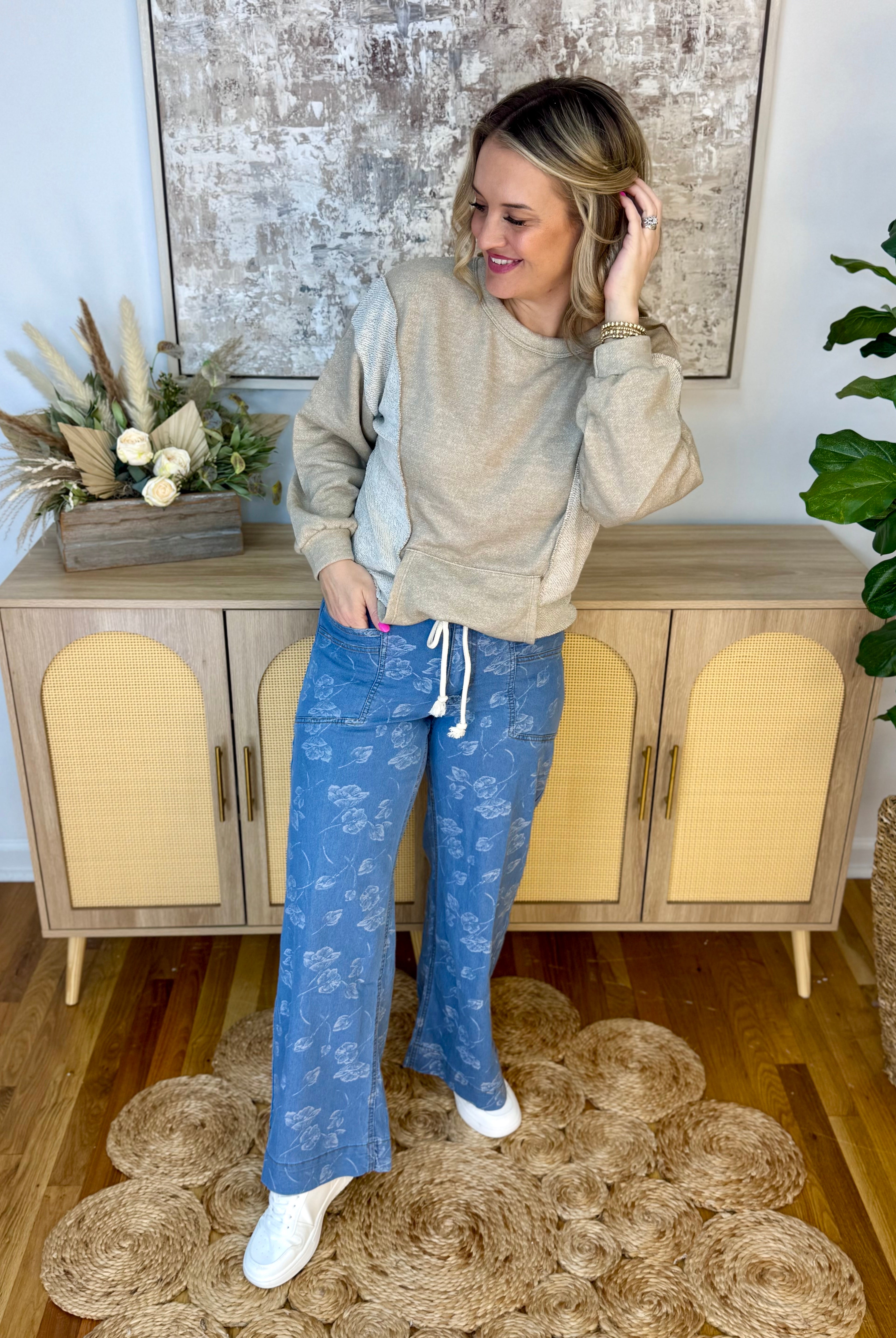 Floral Printed Denim Wide Leg Pants-240 Pants-The Lovely Closet-The Lovely Closet, Women's Fashion Boutique in Alexandria, KY