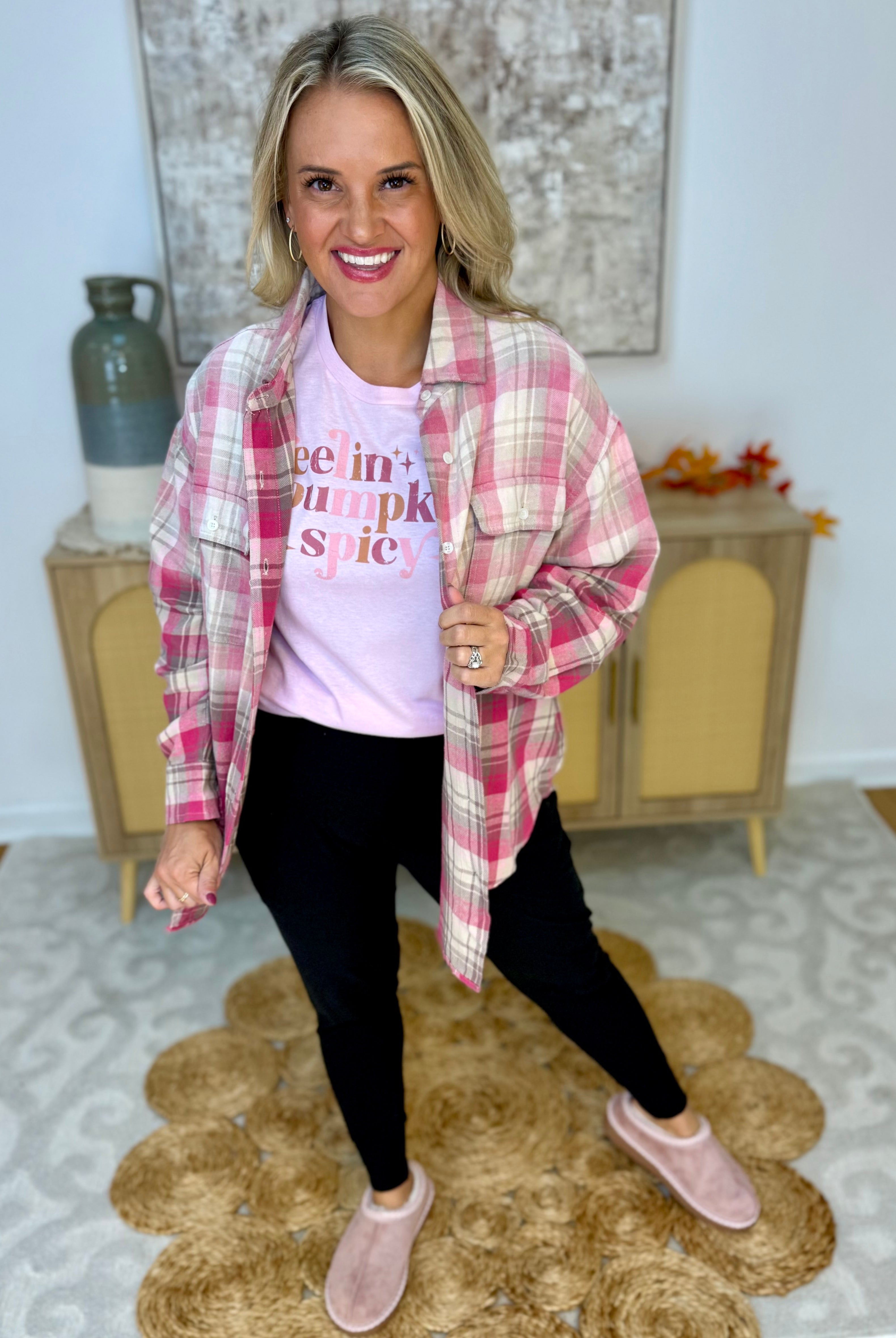 Pink Plaid Ombre Flannel Button Down-110 Long Sleeve Top-White Birch-The Lovely Closet, Women's Fashion Boutique in Alexandria, KY