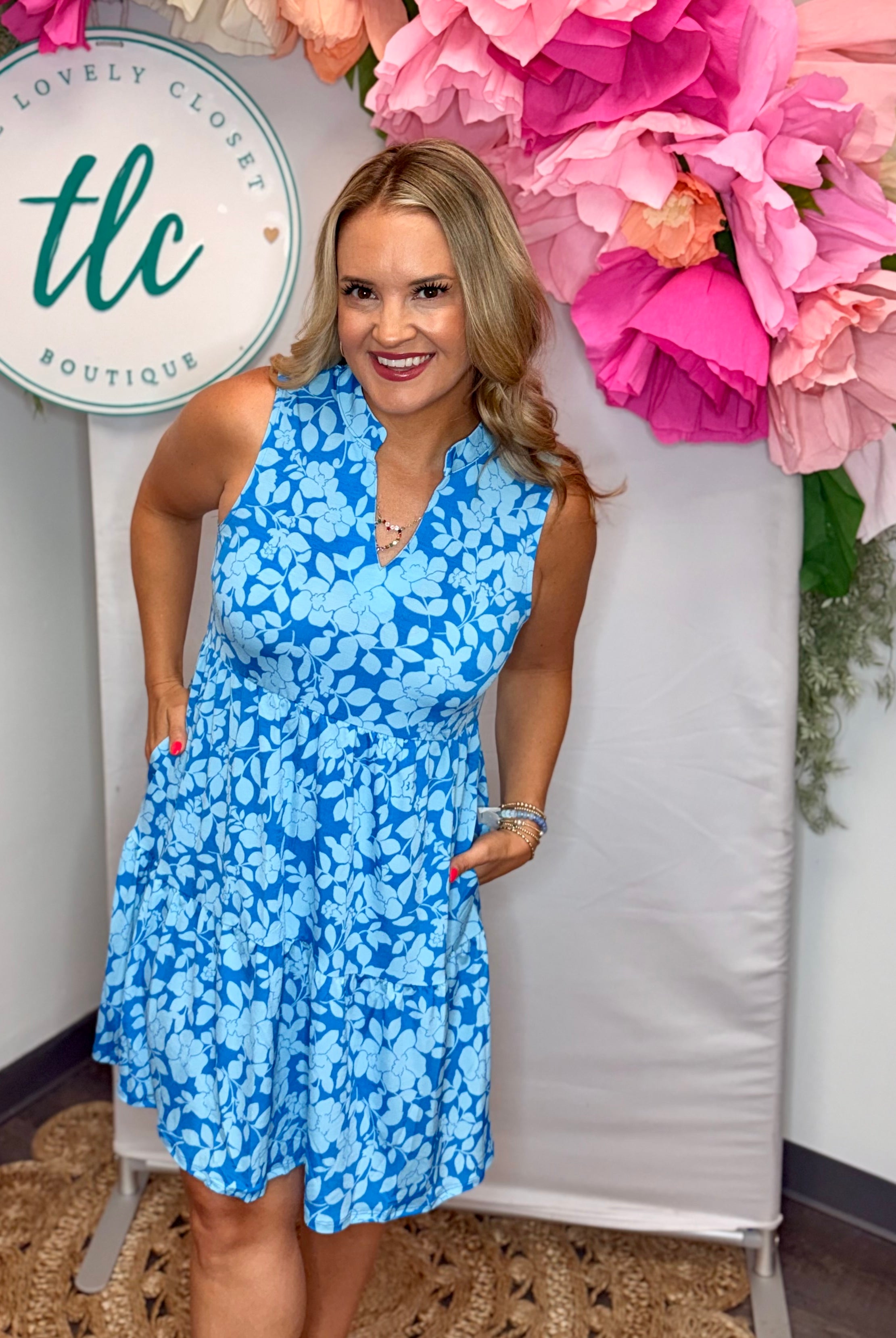 Coastal Blue Floral Lizzy Dress-180 Dresses-Dear Scarlett-The Lovely Closet, Women's Fashion Boutique in Alexandria, KY
