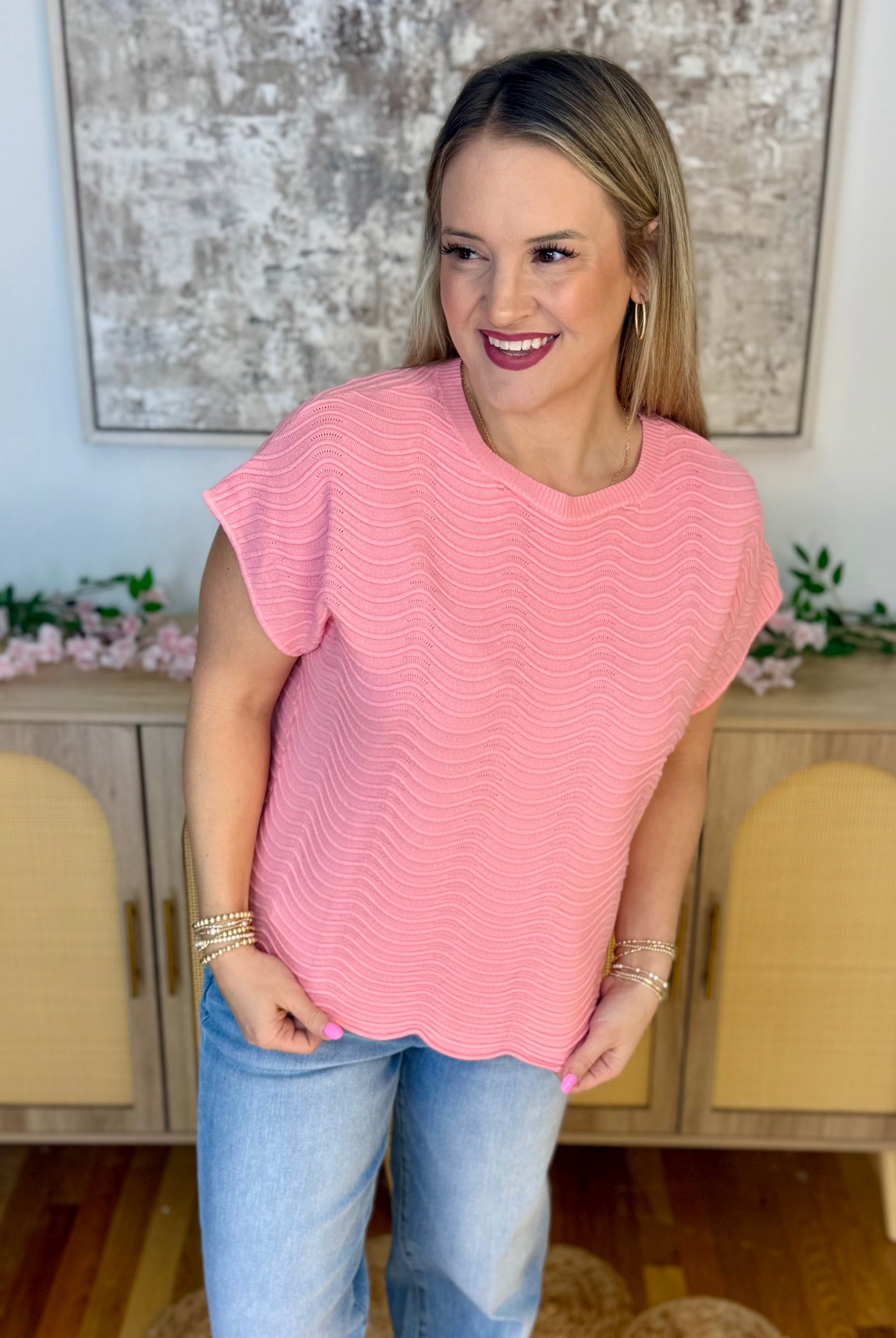 Feeling Refreshed Scalloped Edge Top - Pink-100 Short Sleeve Tops-Allie Rose-The Lovely Closet, Women's Fashion Boutique in Alexandria, KY