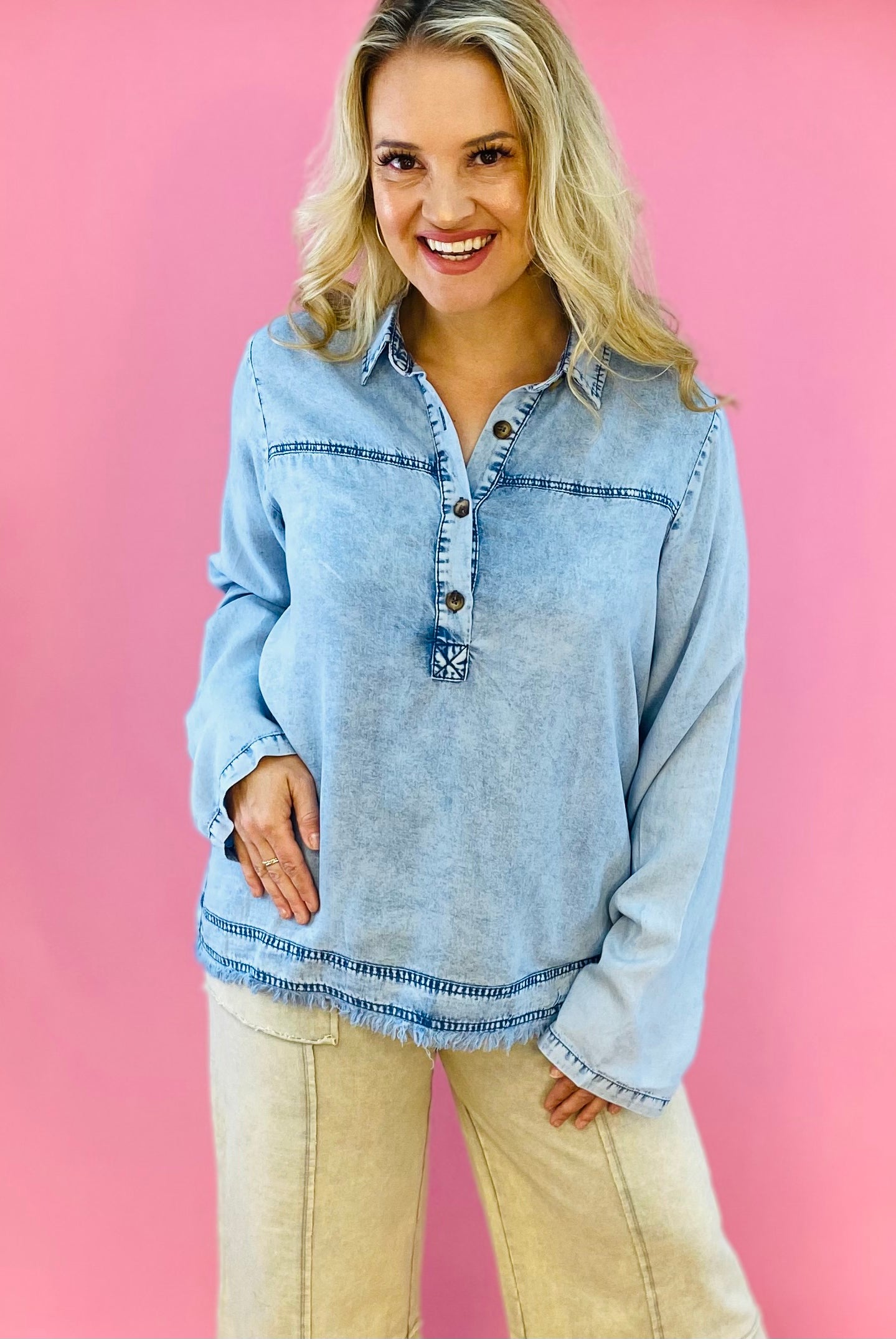 Cool Breeze Denim Pullover-110 Long Sleeve Top-Doe and Rae-The Lovely Closet, Women's Fashion Boutique in Alexandria, KY