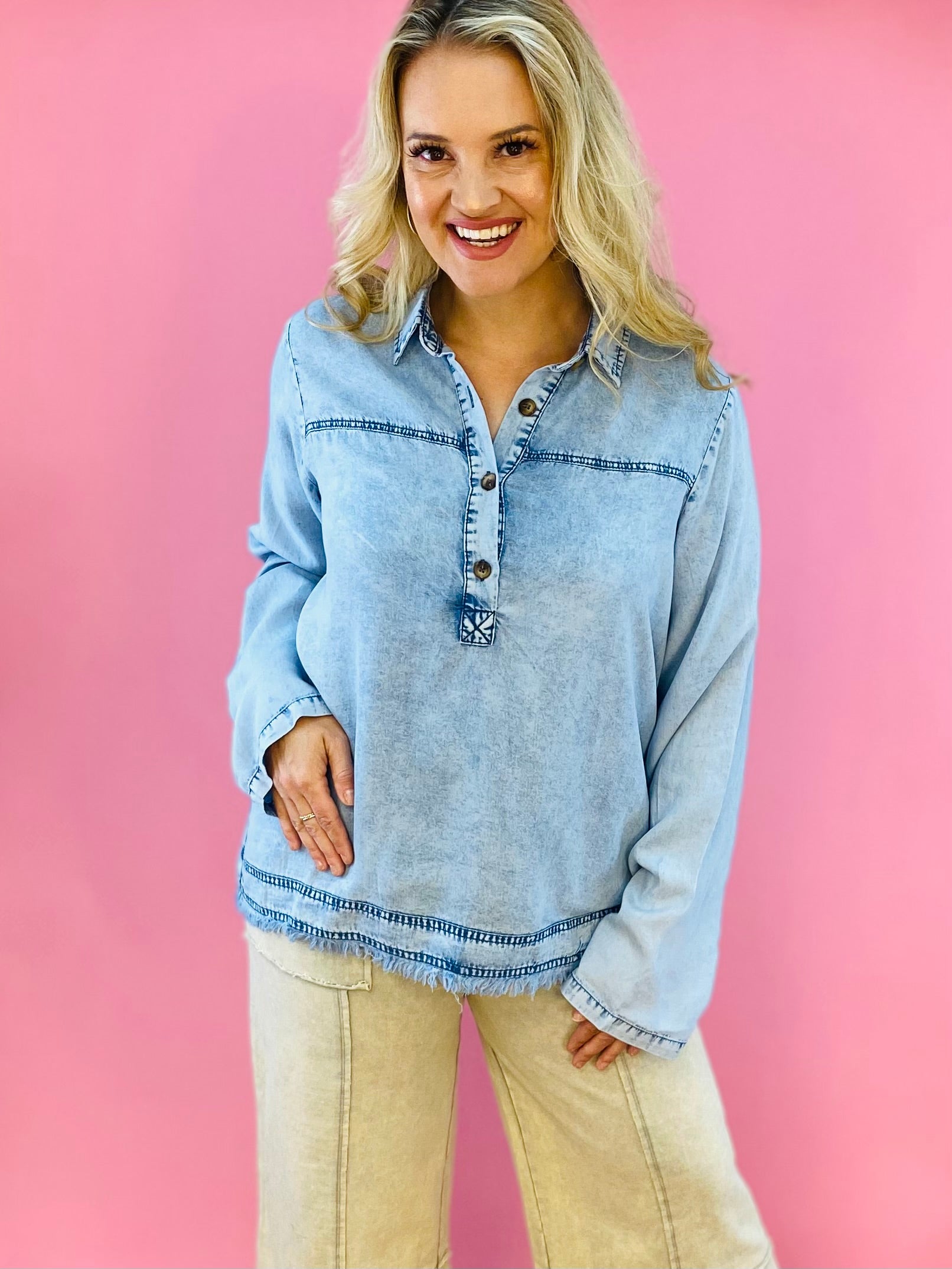 Cool Breeze Denim Pullover-110 Long Sleeve Top-Doe and Rae-The Lovely Closet, Women's Fashion Boutique in Alexandria, KY