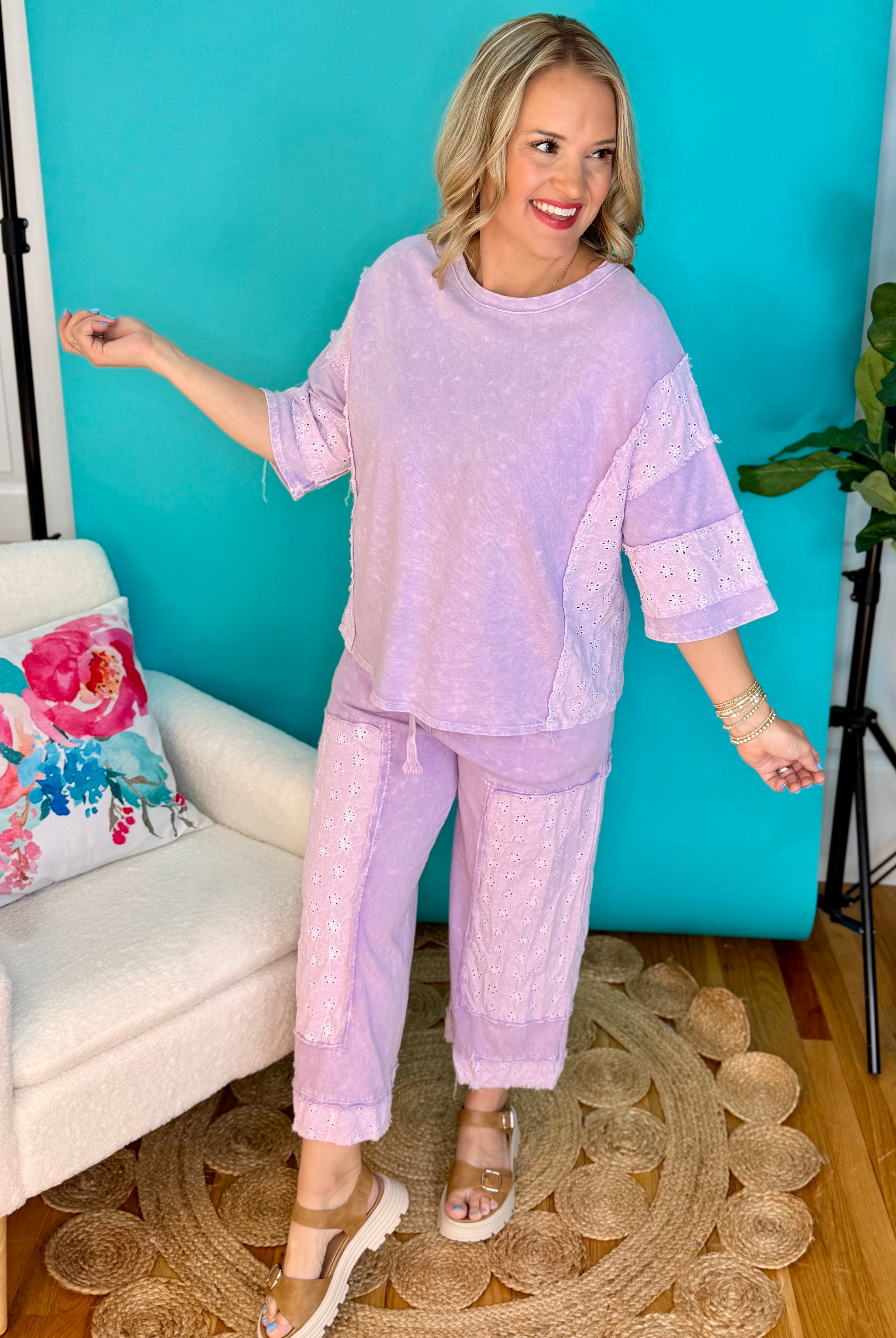 Mineral Washed Eyelet Lace Pants - Lavender-240 Pants-J.Her-The Lovely Closet, Women's Fashion Boutique in Alexandria, KY
