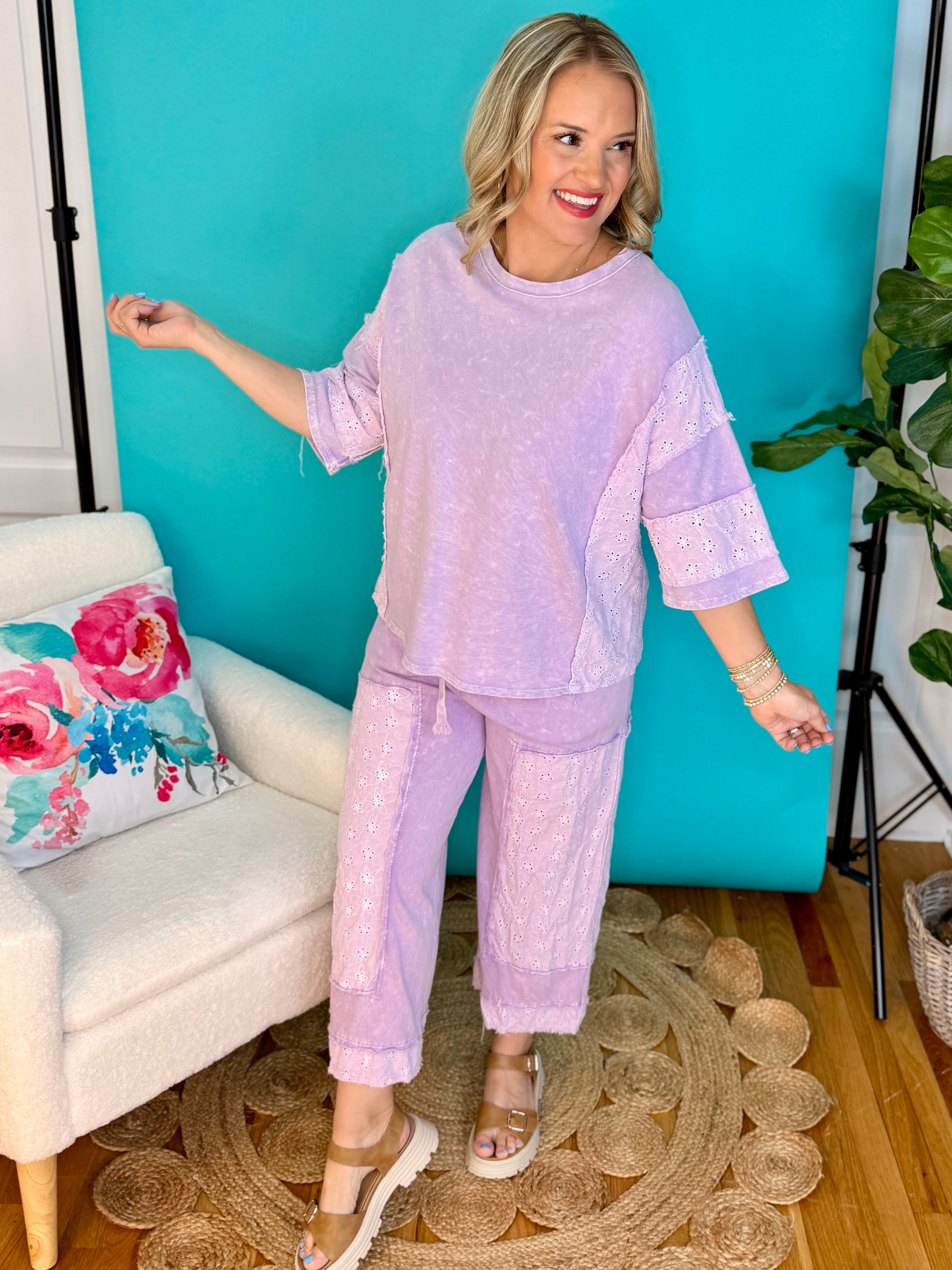 Mineral Washed Eyelet Lace Pants - Lavender-240 Pants-J.Her-The Lovely Closet, Women's Fashion Boutique in Alexandria, KY
