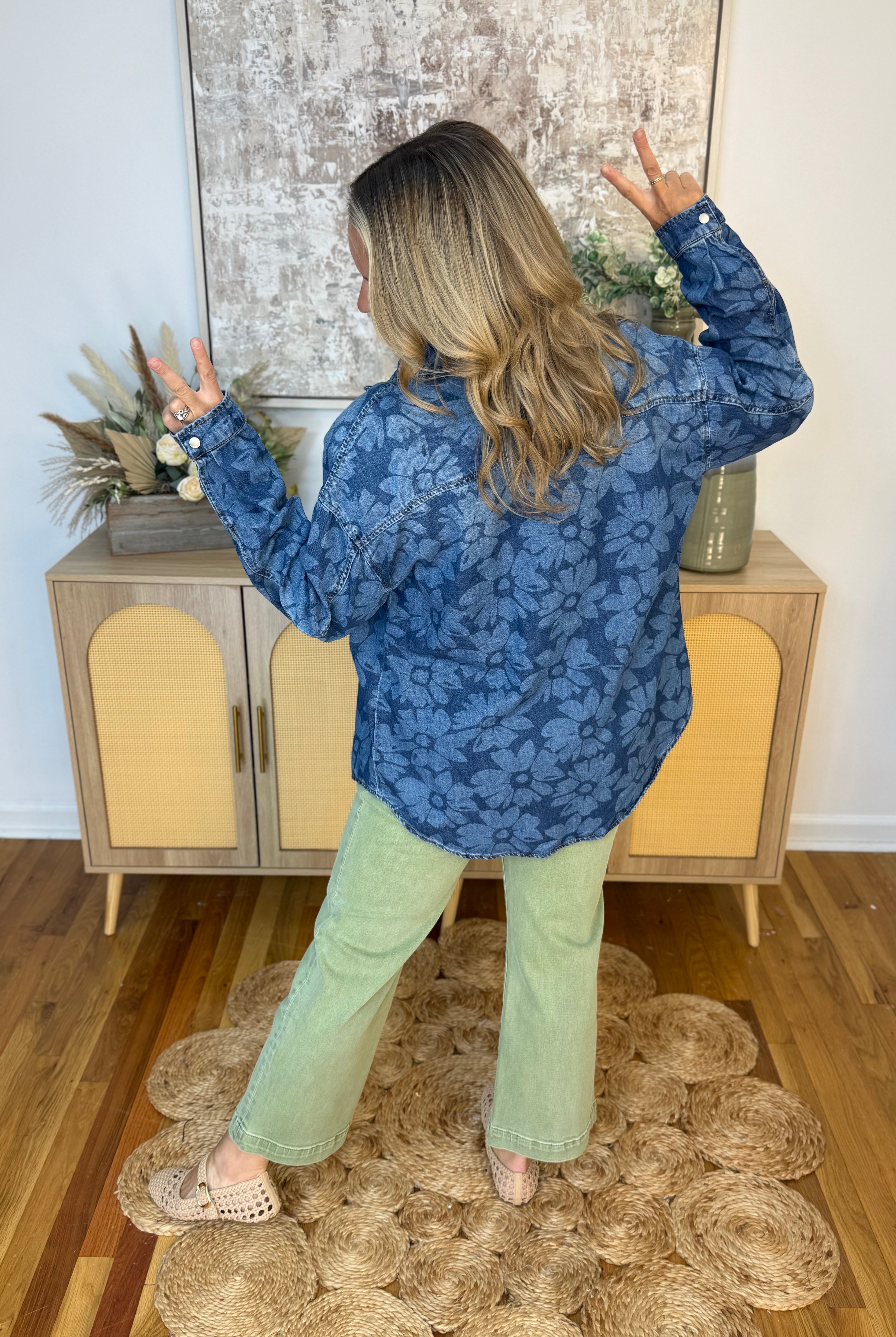 RISEN Floral Print Denim Shirt-110 Long Sleeve Top-Risen-The Lovely Closet, Women's Fashion Boutique in Alexandria, KY