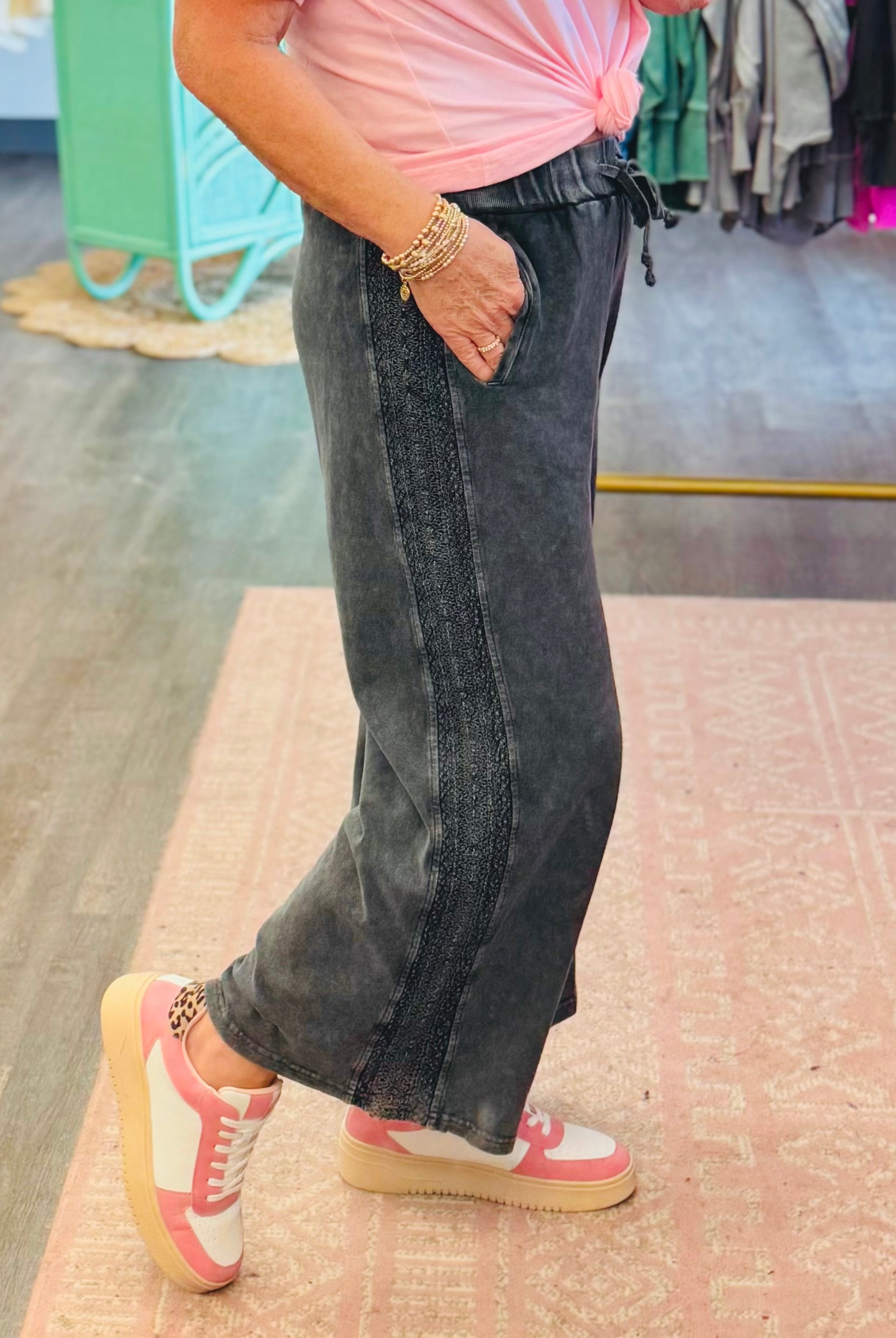 On the Casual Side Lace Detail Pants - Ash-240 Pants-The Lovely Closet-The Lovely Closet, Women's Fashion Boutique in Alexandria, KY