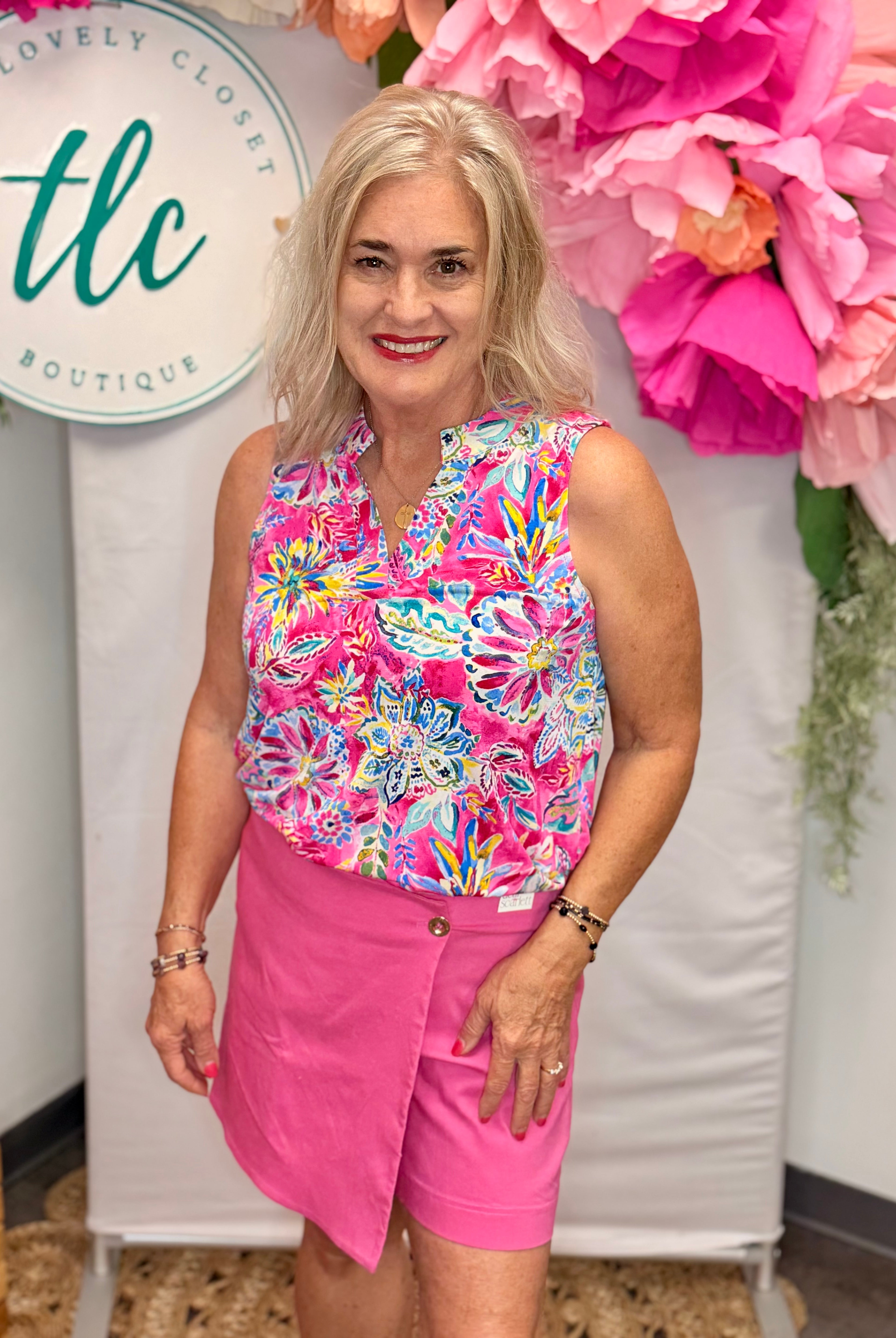 Lizzy Tank - Pink Tropic Zone-120 Sleeveless Tops-Dear Scarlett-The Lovely Closet, Women's Fashion Boutique in Alexandria, KY