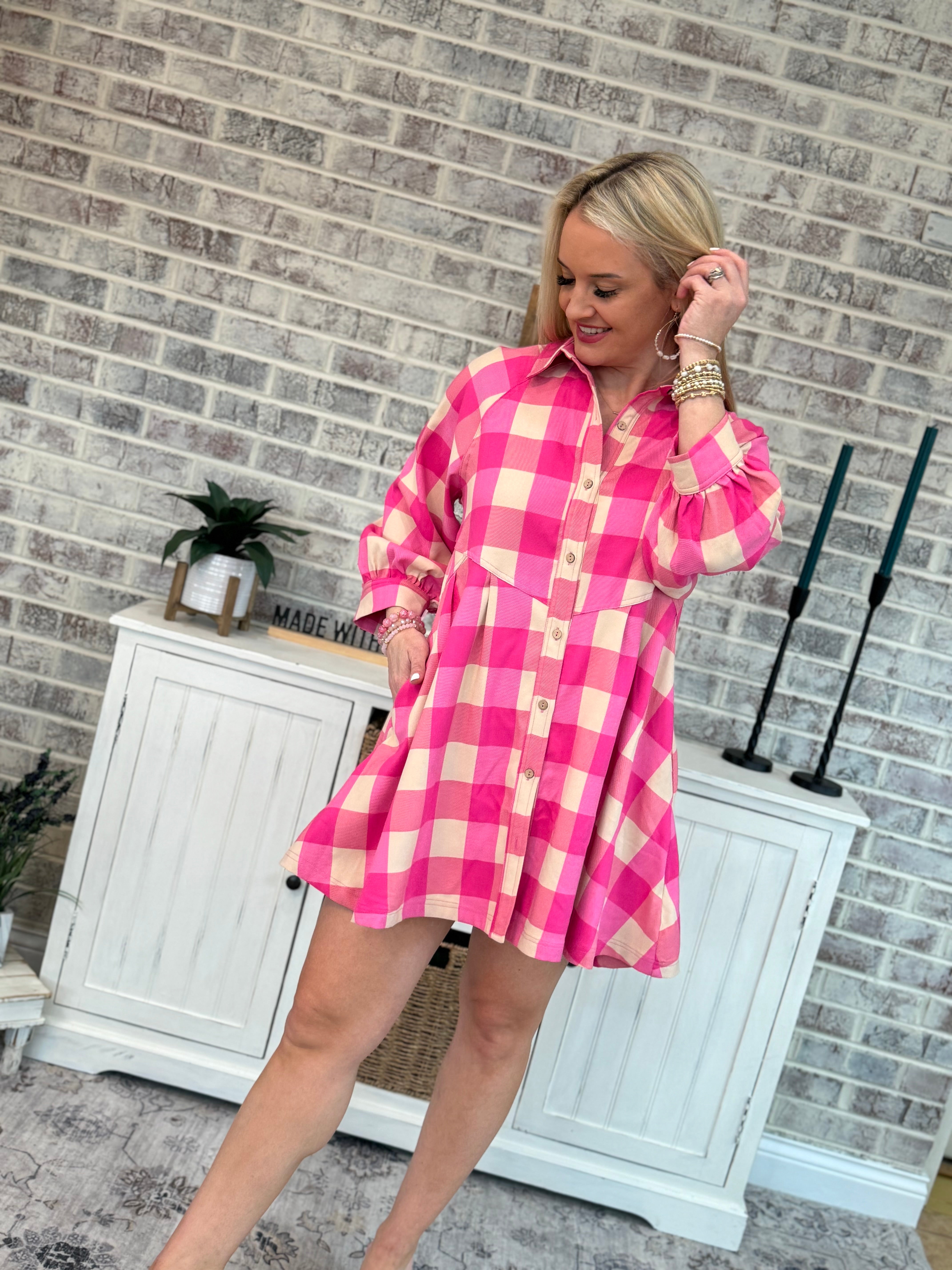 FINAL SALE Pink Plaid Dress-Dresses-The Lovely Closet-The Lovely Closet, Women's Fashion Boutique in Alexandria, KY